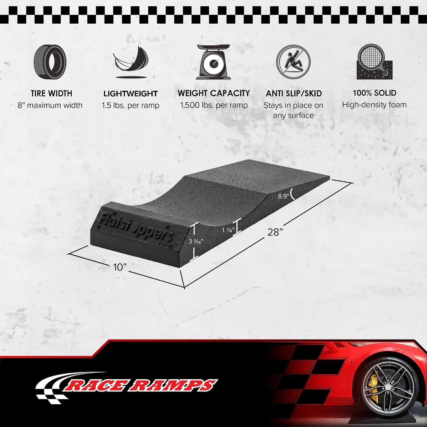 Race Ramps FlatStoppers Tire Saver Ramps, Non-Skid Car Wheel Storage Pads, High-Density Foam to Prevent Flat Spots, 10 Inch Wide, Set of 4
