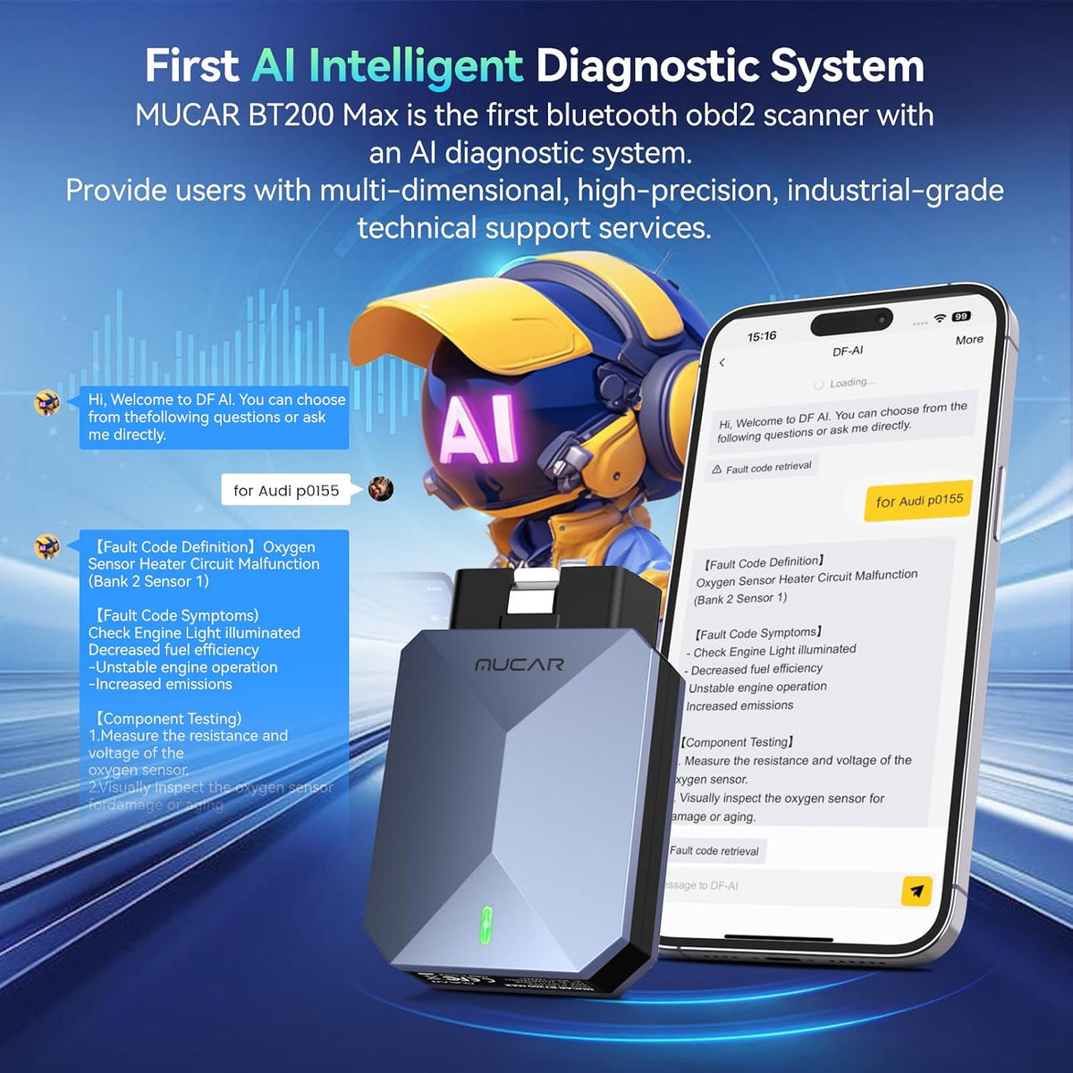 MUCAR AI-Assisted OBD2 Scanner Bluetooth Lifetime Update, BT200 MAX Compatible with ELM327, All System OBD2 Diagnostic Tool with 15 Resets for iOS & Android, CANFD Protocol, Autoauth for FCA SGW