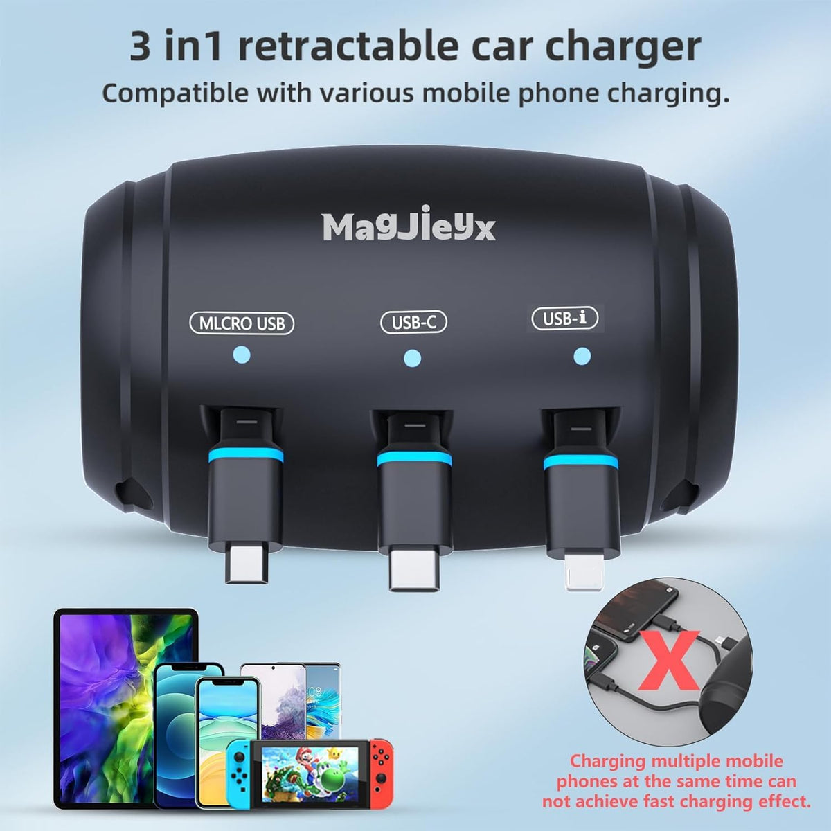 MAGJIEYX for Retractable Car Charging Station Box, 3 in 1 Headrest Fast Power Charging Dock Cord USB Type C Fits iPhone 17/16/15/14/iPad/Android/Samsung|Uber Lyft Backseat Passengers Share Rid