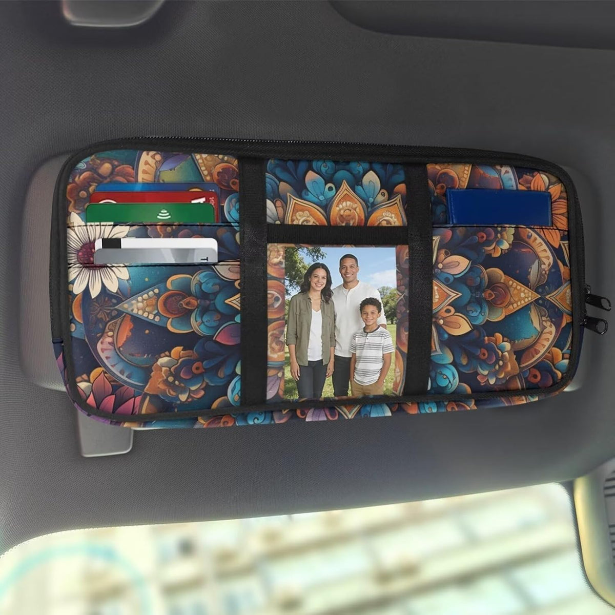 Jeiento Black Leopard Car Visor Organizers Accessories Black Cheetah Animal Skin Print Auto Sun Visor Multi-Pocket Storage Pouch Glasses Holder,Document, Card, Driver License Organizer Universal Fit