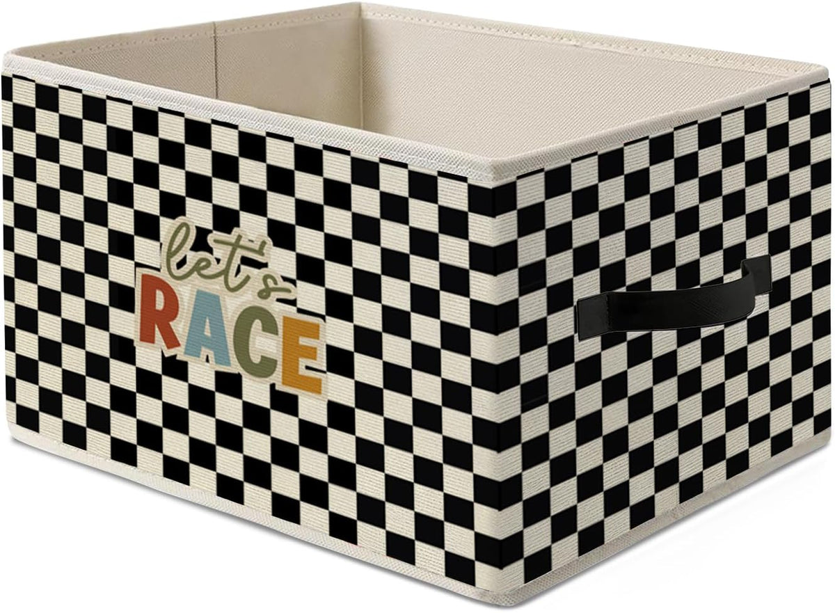 Race Car Room Decor,Playroom Storage Bins Box | Let's Race Checkered Foldable Collapsible Storage Basket Organizer for Kids Boy Nursery Bedroom Toys Books Clothes