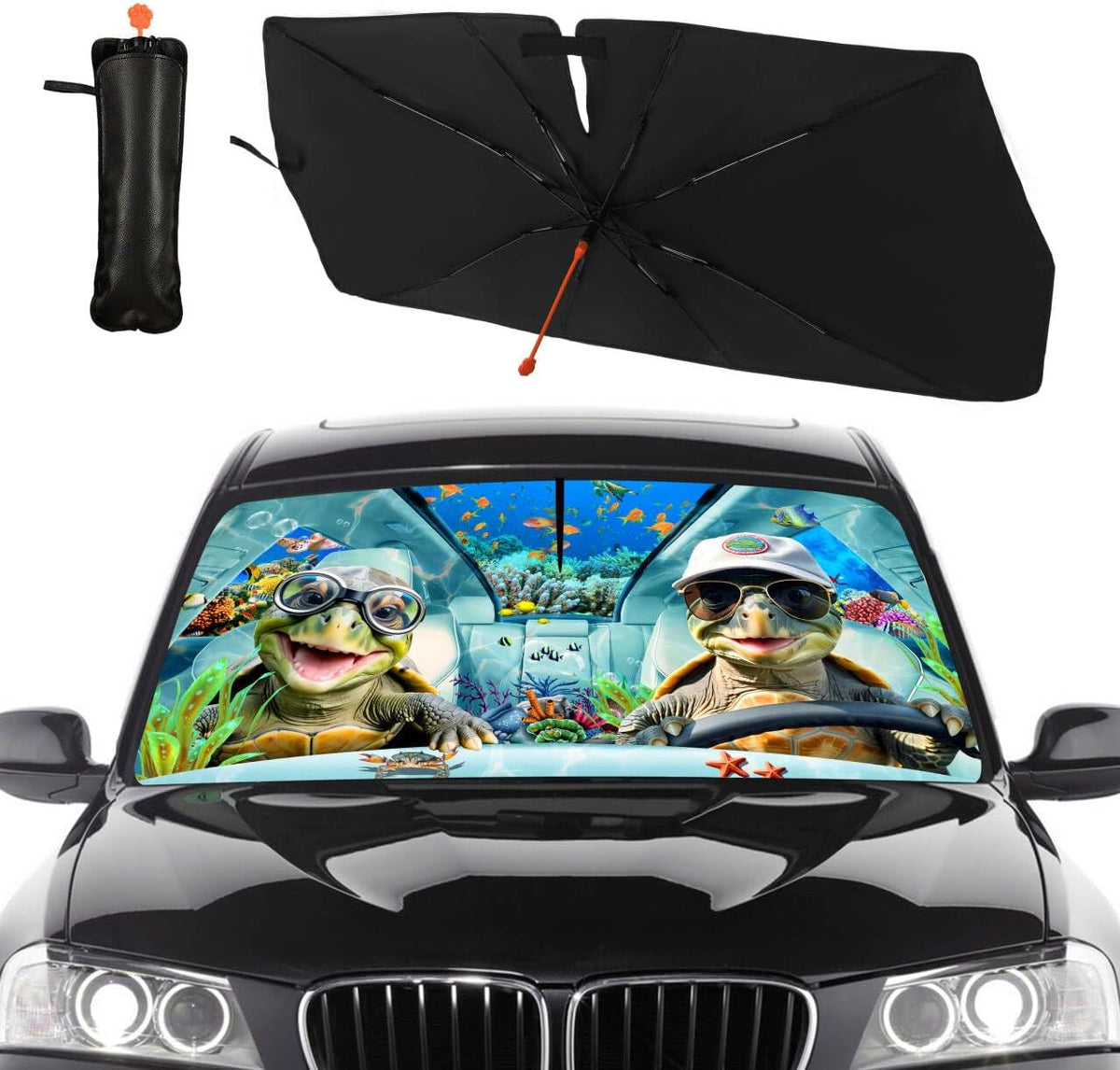 CHILL·TEK Print Turtle Windshield Sun Shade Funny Turtle Sun Shade for Car Front Window Block UV Rays Foldable Umbrella Windshield Sun Visor Protector Keep Vehicle Cool for Most Vehicles