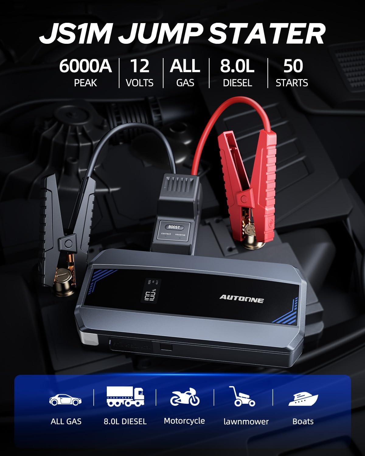 AUTOONE Car Jump Starter 6000A Battery Booster, Portable Battery Pack for All Gas 10L Diesel, 12V Jump Box with Smart Jumper Cable for Car Battery, Vehicle Lithium Starter, LCD Display, w/LED Light