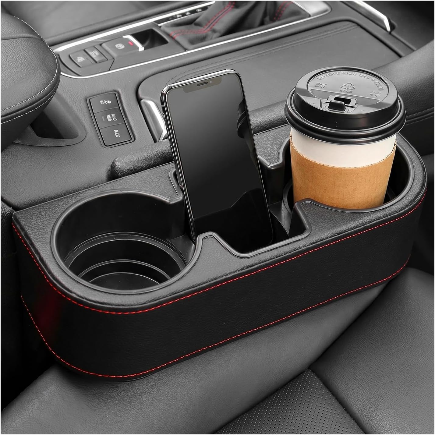 Car Seat Gap Filler Organizer, Multifunctional Auto Front Seat Storage Box with 2 Cup Holders, Auto Console Side Organizer Anti-Drop Gap Filler for Holding Phone Glasses Drinks (Beige)