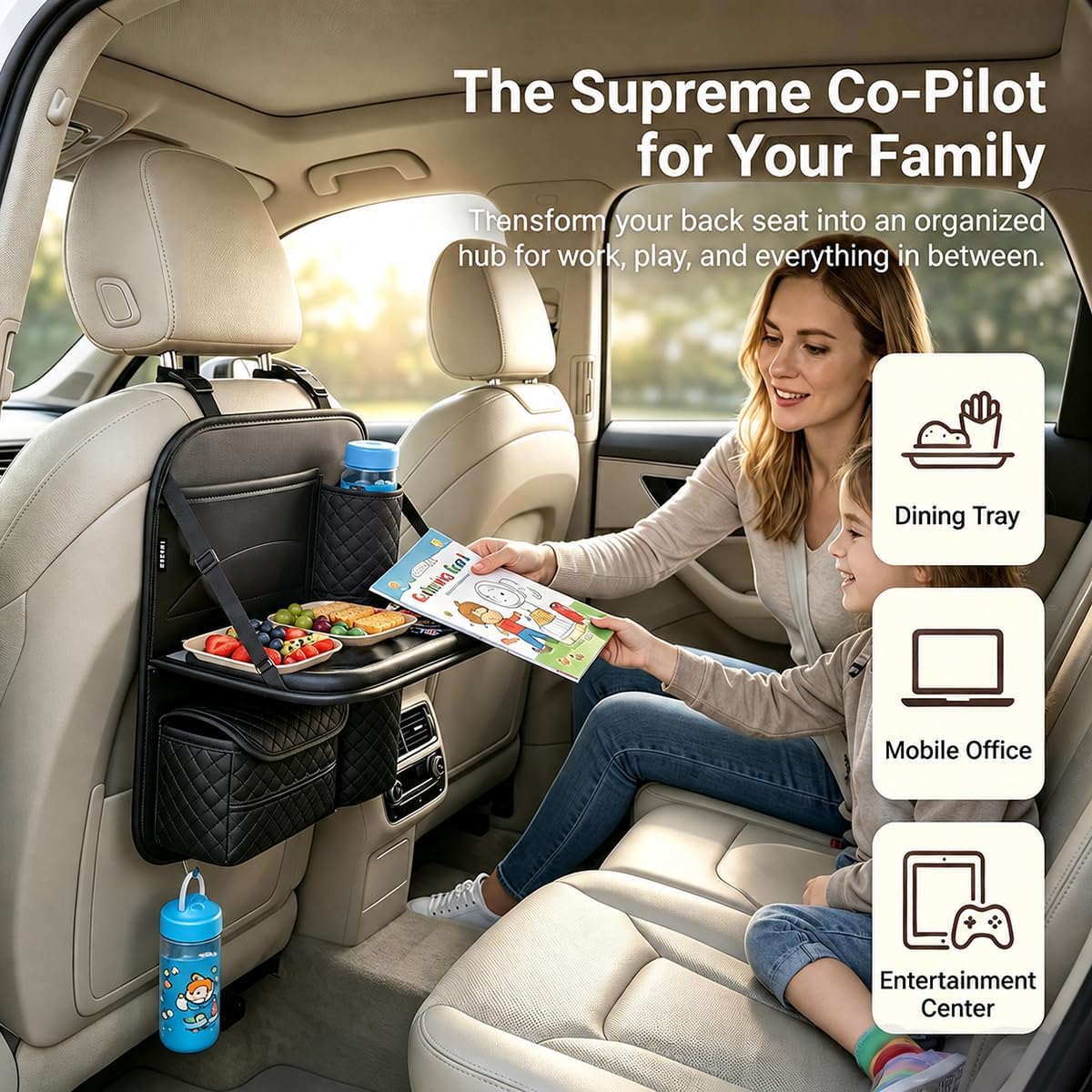 Car Backseat Organizer with Tablet Holder, Back Seat Protector with Storage Pocket & Foldable Food Tray, Auto Kick Mat Backseat Organizer Accessories for Travel Trip, Universal Fit (Black)