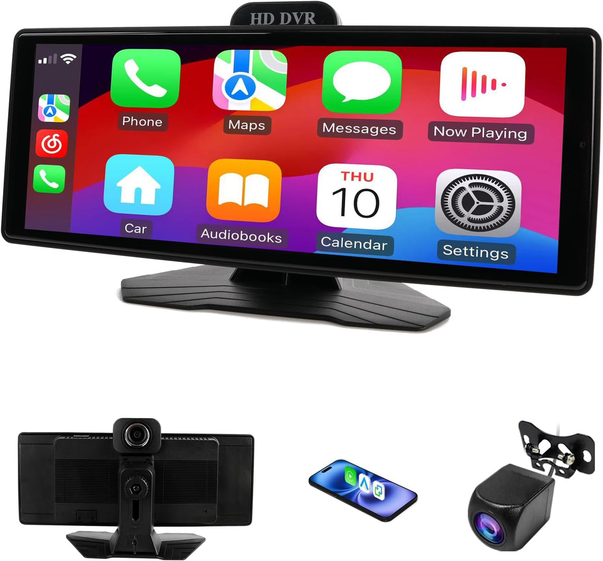 Haudio 10.26" Portable Wireless Apple CarPlay Screen for Car, Wireless Android Auto Touch Screen with 1080P Dash Cam & Backup Camera, GPS Navigation, Bluetooth 5.0, Voice Control, FM, Plug and Play