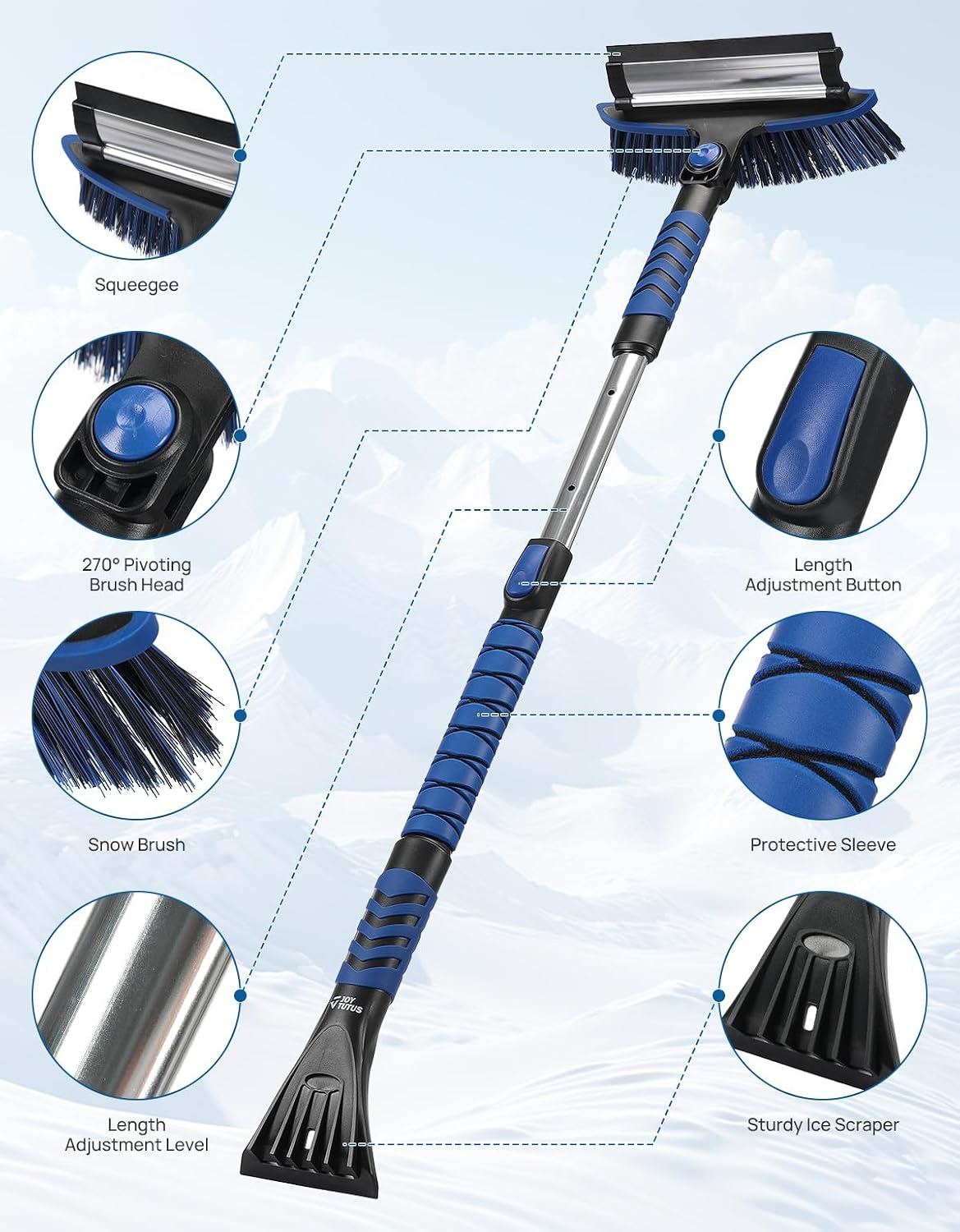 JOYTUTUS 41.5″ Extendable Snow Brush and Ice Scraper, 270°Pivoting Snow Scraper Brush for Car Windshield, Telescoping Ice Scraper, Foam Grip, Heavy Duty Snow Remover for Cars, Trucks, SUV (Blue)