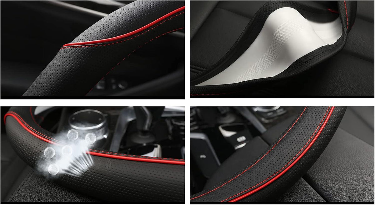 D Shape Car Steering Wheel Cover, Universal 15 inch Stitching Color Anti-Slip Steering Wheel Protector, Red and Black Style (Red and Black D Shape)