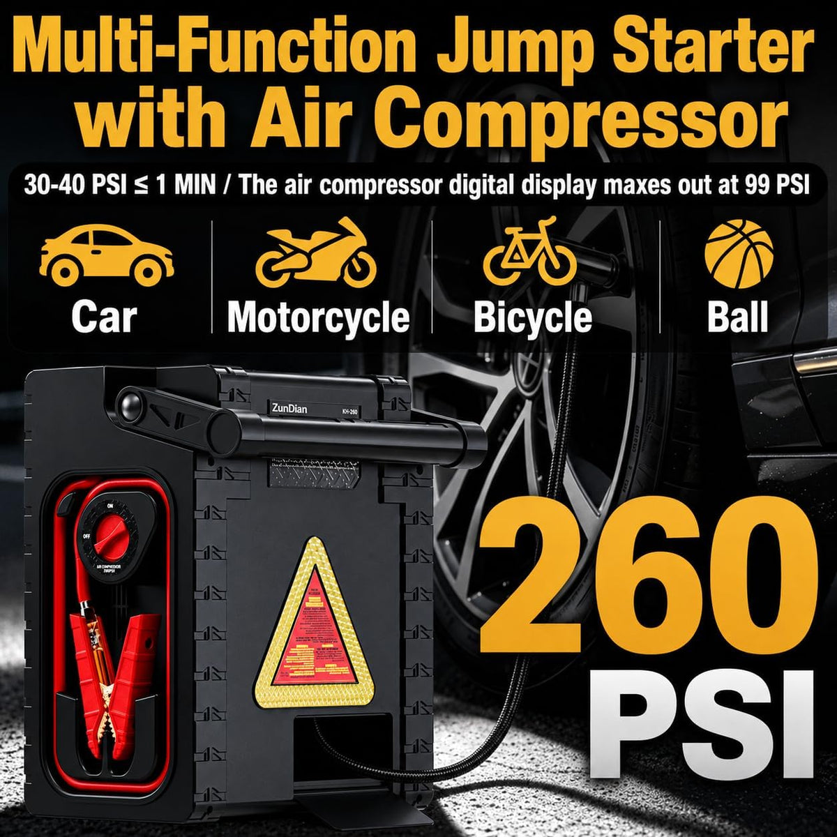 2000A Car Jump Starter with Air Compressor, Portable Power Station with 400W Inverter, 12V Battery Booster for Up to 8.5L Gas/Diesel Engines, Dual AC/DC/USB Outputs for Cars, Trucks, Camping (Black)
