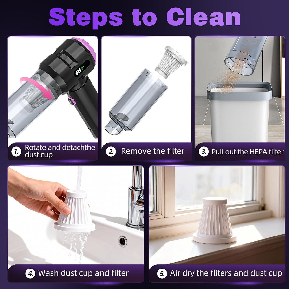 Wansimoo Handheld Car Vacuum Cleaner,25000PA Strong Cyclonic Suction Car Vacuum Portable Cordless with Digital Display Mini Vacuum for Car, Home, Office, Kitchen (Purple)