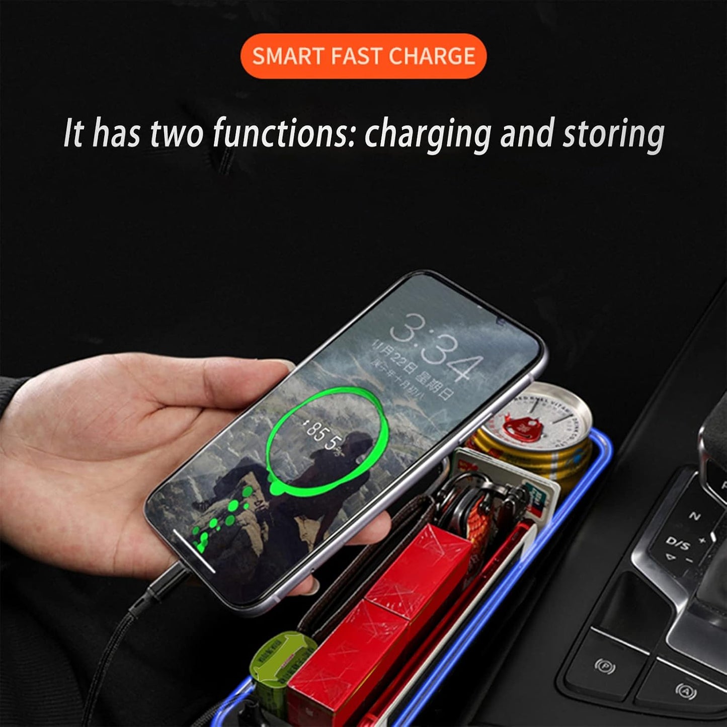 Car Seat Gap Filler Organizer, 2 Pack Multifunctional Car Seat Organizer, 7 Colours Changing LED Car Seat Seam Filler, Auto Console Side Storage Box with Cup Holders(BLACK)