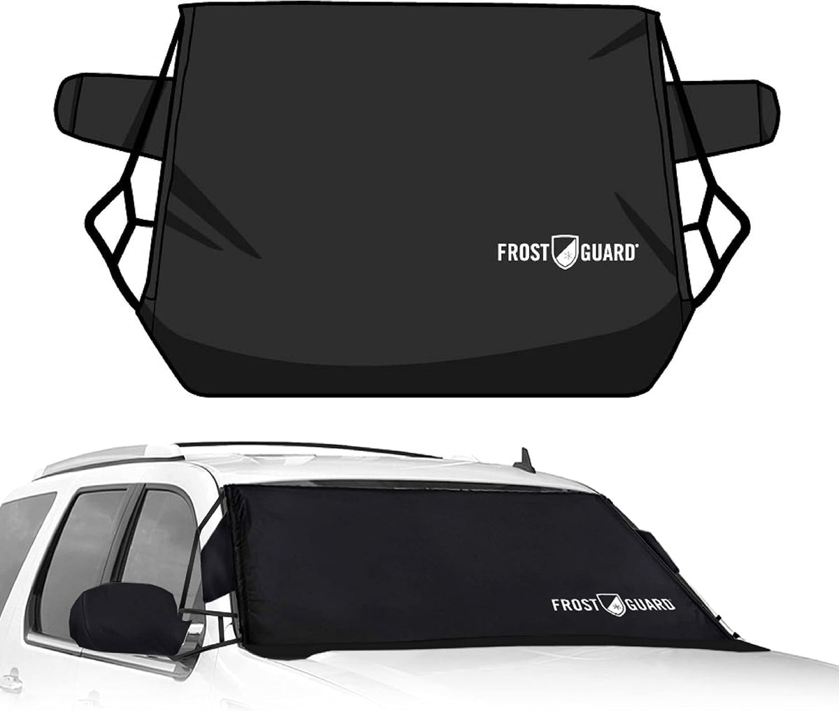 FrostGuard Deluxe | Full-Coverage Car Windshield Cover for Ice and Snow, XL Size - Wiper Blade + Side Mirror Coverage - Fit-Fast Straps + Security Panels - Black, 41 x 68 Inches