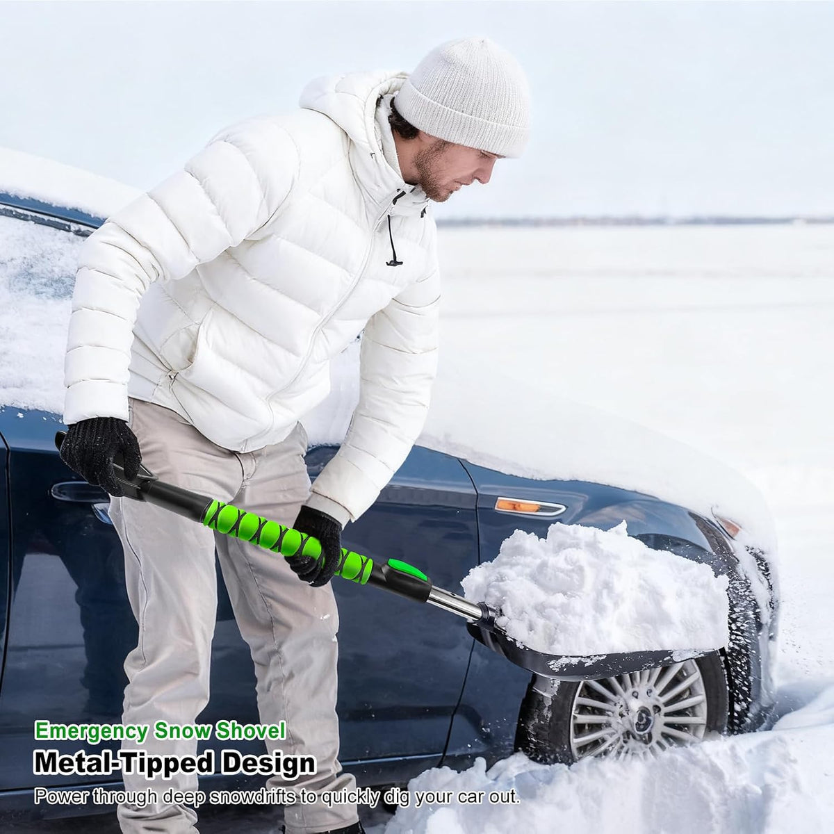 SEAAES Snow Brush and Emergency Snow Shovel for Car, Extendable Snow Ice Scraper with Foam Grip, Compact Snow Shovel for SUV Truck Vehicle Windshield Window - Green