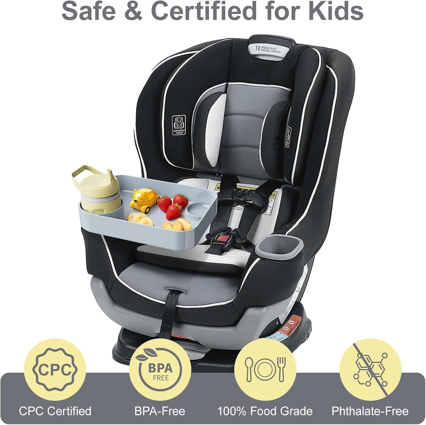 Car Seat Snack Tray for Toddlers - 3 Inch Cup Holder Fits Most Sippy Cups & Straw Bottles with Dip Well, Mess-Free Square Kids Travel Tray Road Trip Essentials, Grey