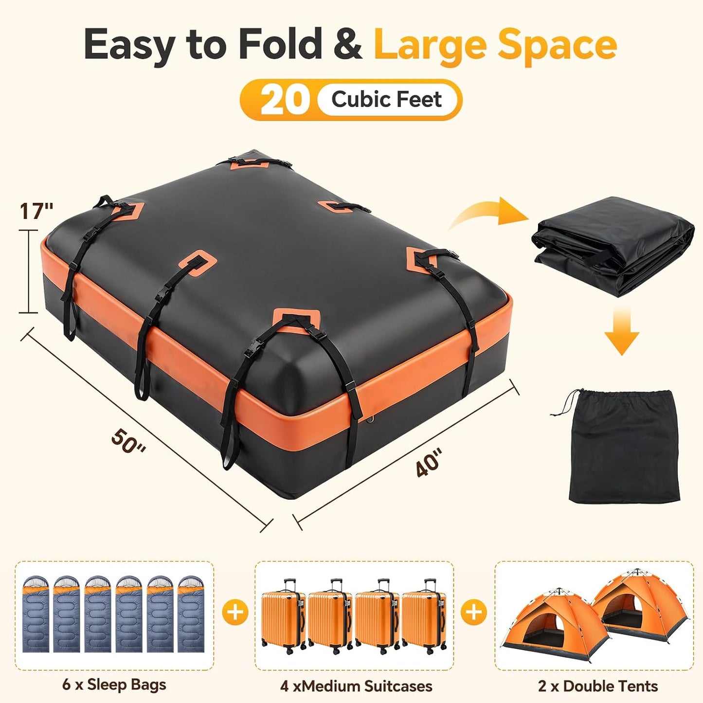 NEWBULIG Car Rooftop Cargo Carrier Bag, 20 Cubic Feet Heavy Duty Waterproof | for SUV, Van, All Vehicles with/without Rack. Includes Anti-Slip Mat, Reinforced Straps, 6 Door Hooks, Storage & Luggage Lock