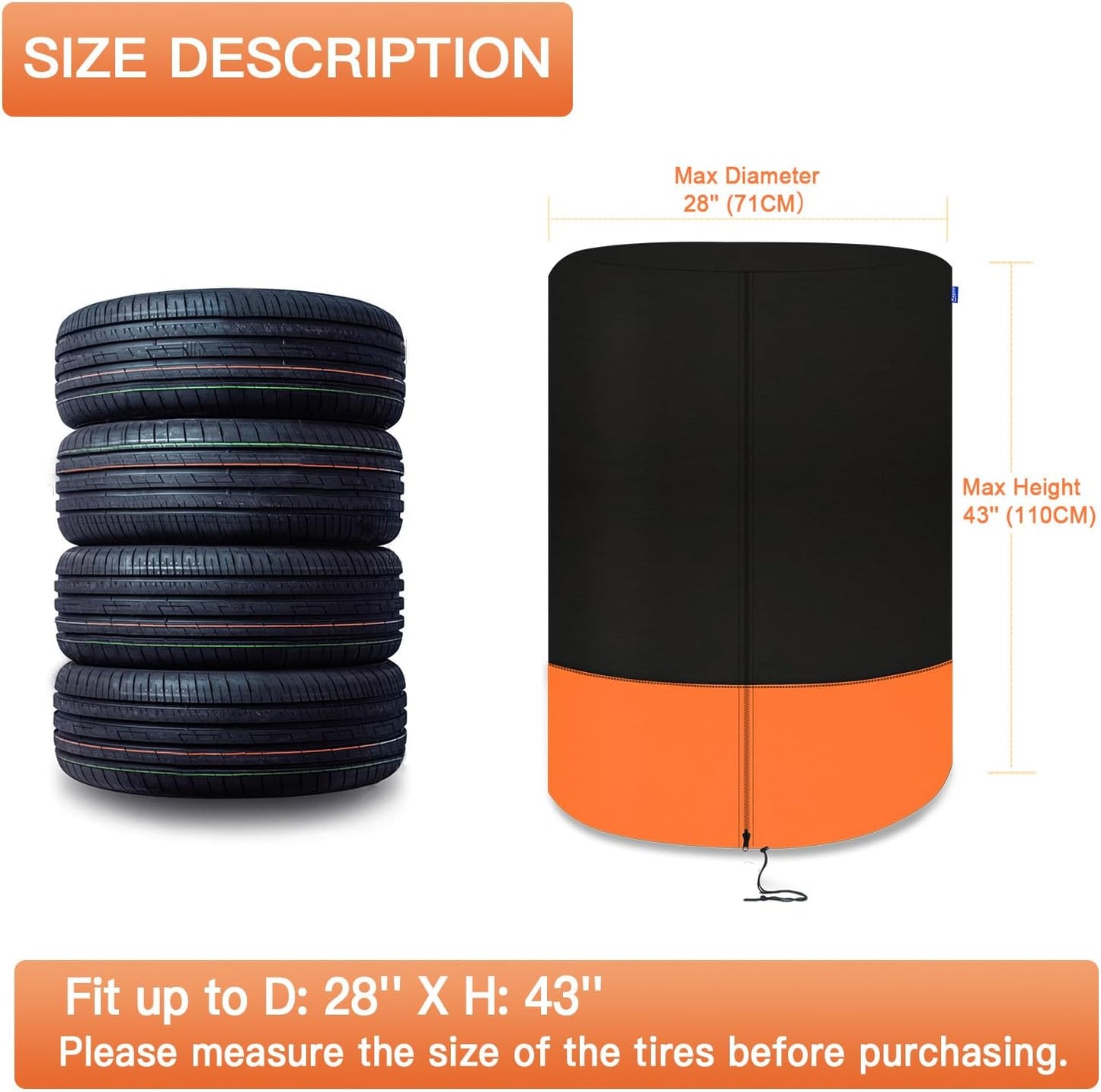 Kayme Tire Cover, Large Tire Storage Bag, Seasonal Spare Tire Storage Cover, Durable Tire Bags Used in Trucks, SUV, Trailer Sun Rain Snow Protection, Fit 35 Inch Tire Diameter-Black Orange