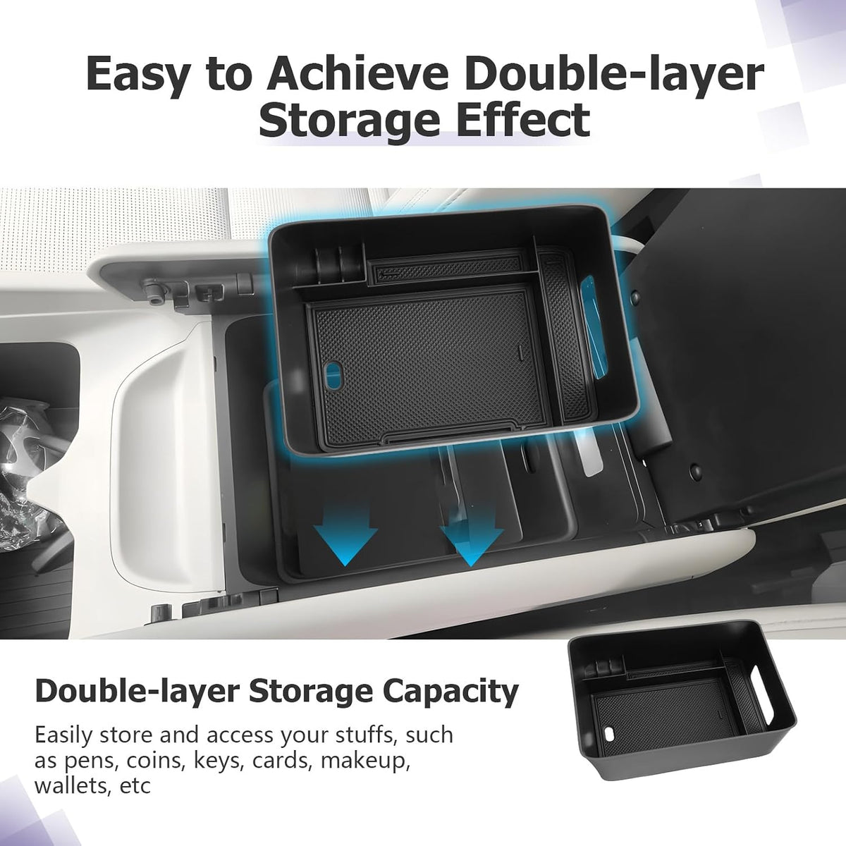 LUWU Center Console Organizer for 2024 2025 2026 Hyundai Santa Fe SE/SEL/XRT/Limited/Calligraphy Accessories Armrest Console Tray Storage Box ABS Material 2025 2026 Santa Fe Accessories Black