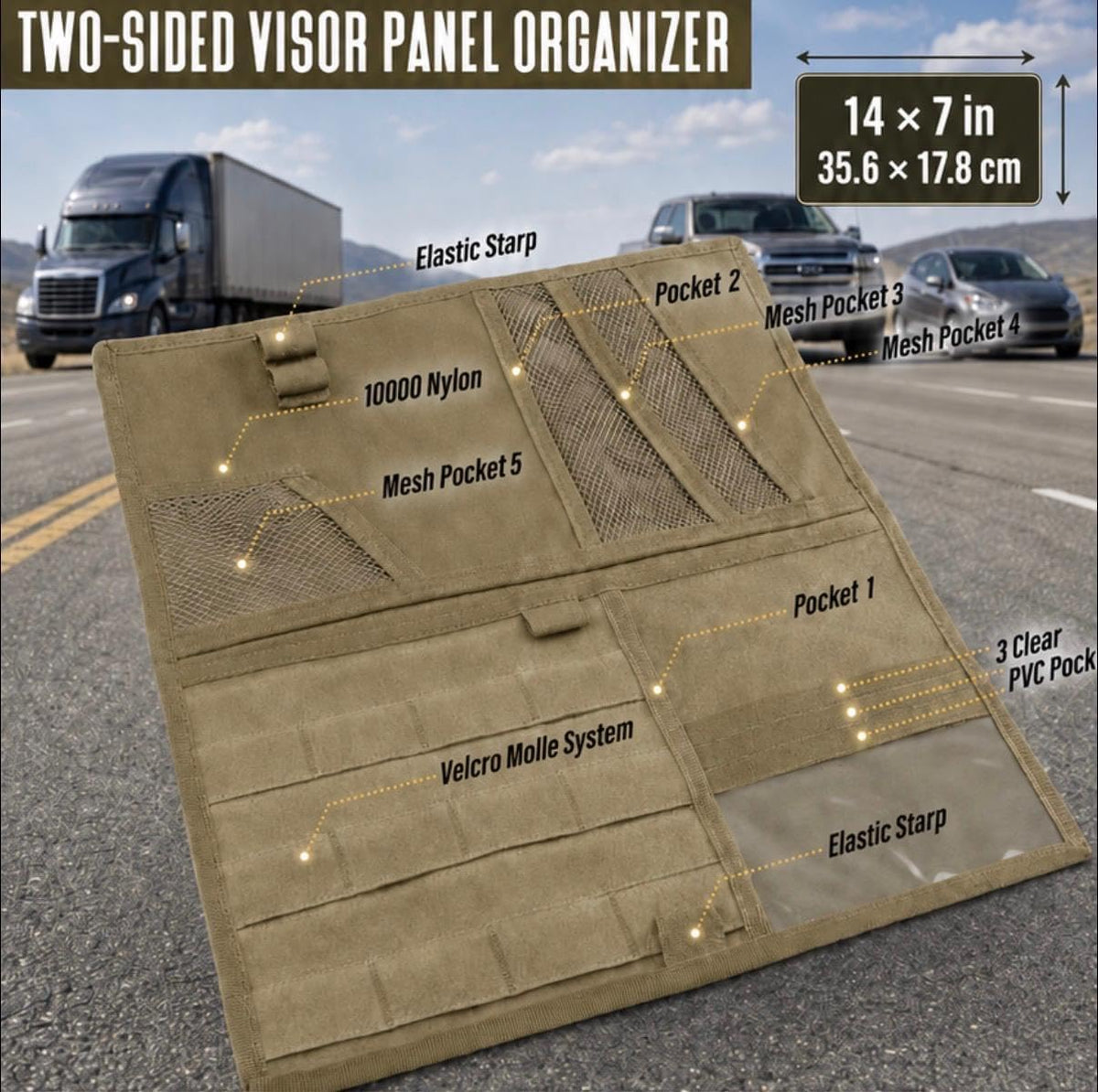 Car Sun Visor Organizer, Tactical MOLLE Visor Panel for SUV, Pickup Truck, Jeep & Car – Double-Sided EDC Storage Panel for Sunglasses, Documents, Flashlight, Pens & Tools