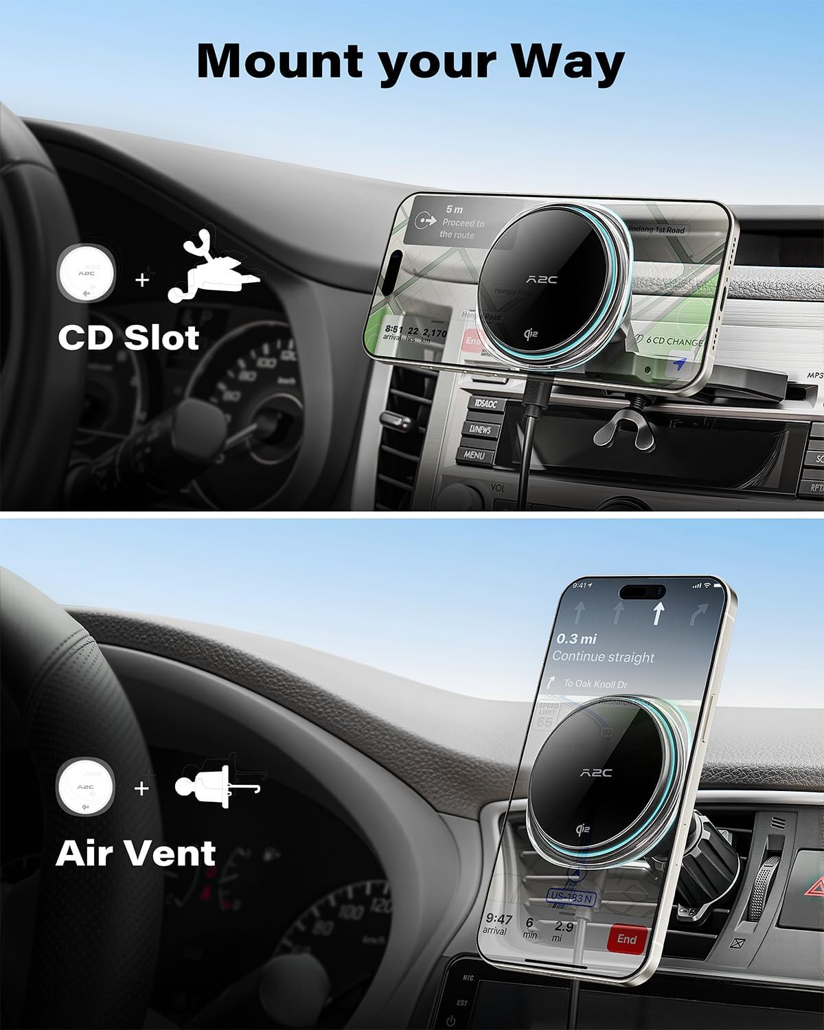 A2C Qi2 15W Wireless Car Charger CD Mount for MagSafe CD Slot | Air Vent