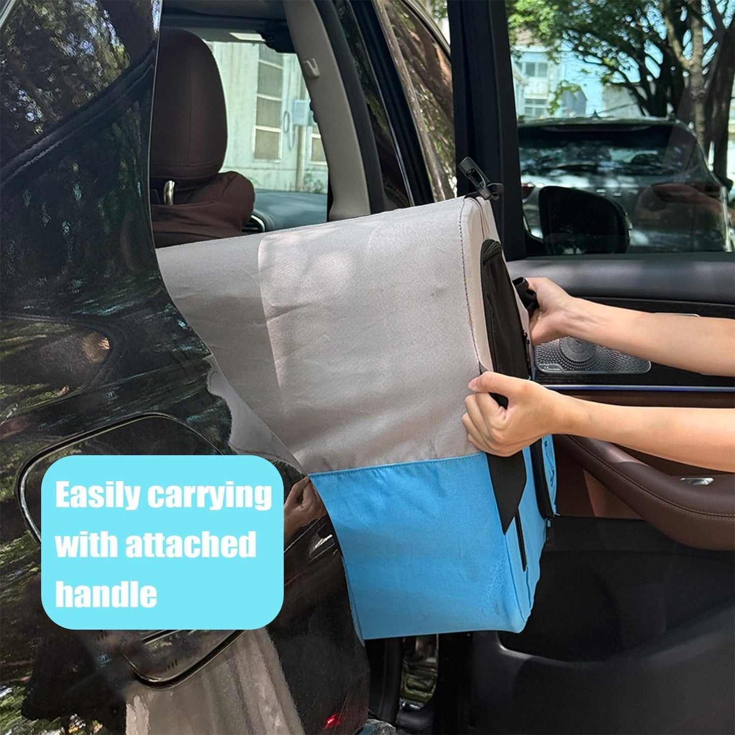 Small Portable Pet Crate for Car Travel, 19"x19"x17" Foldable Dog & Cat Carrier with Secures Seatbelt & Headrest Strap, Oxford Soft-Sided Pet Kennel with Bed for Pets