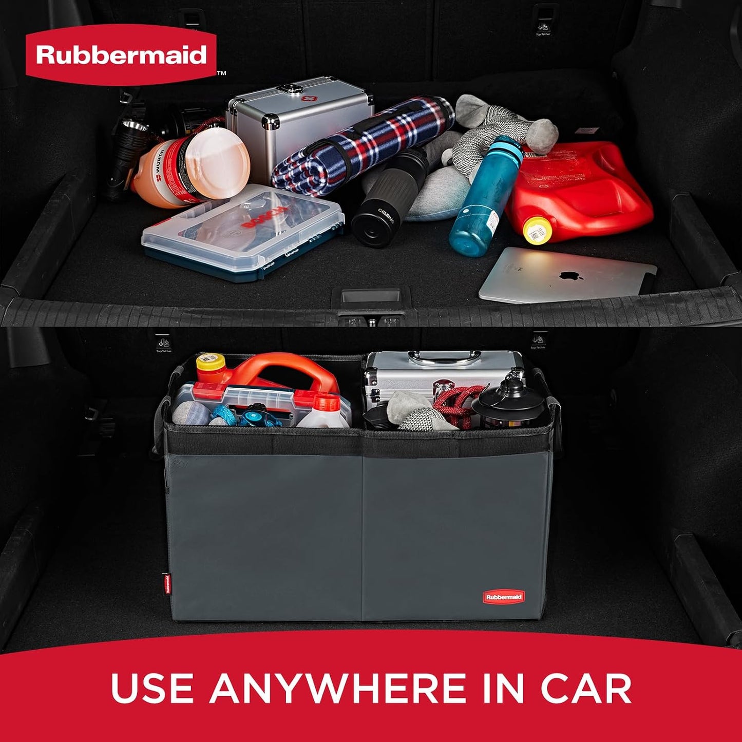 Rubbermaid Car Organizer, Collapsible Trunk Organizer, Multi-Compartment Car Storage Organization for Car Accessories, 2 Compartments With Cover, 21.65"*14.17"*12.2" - Gray