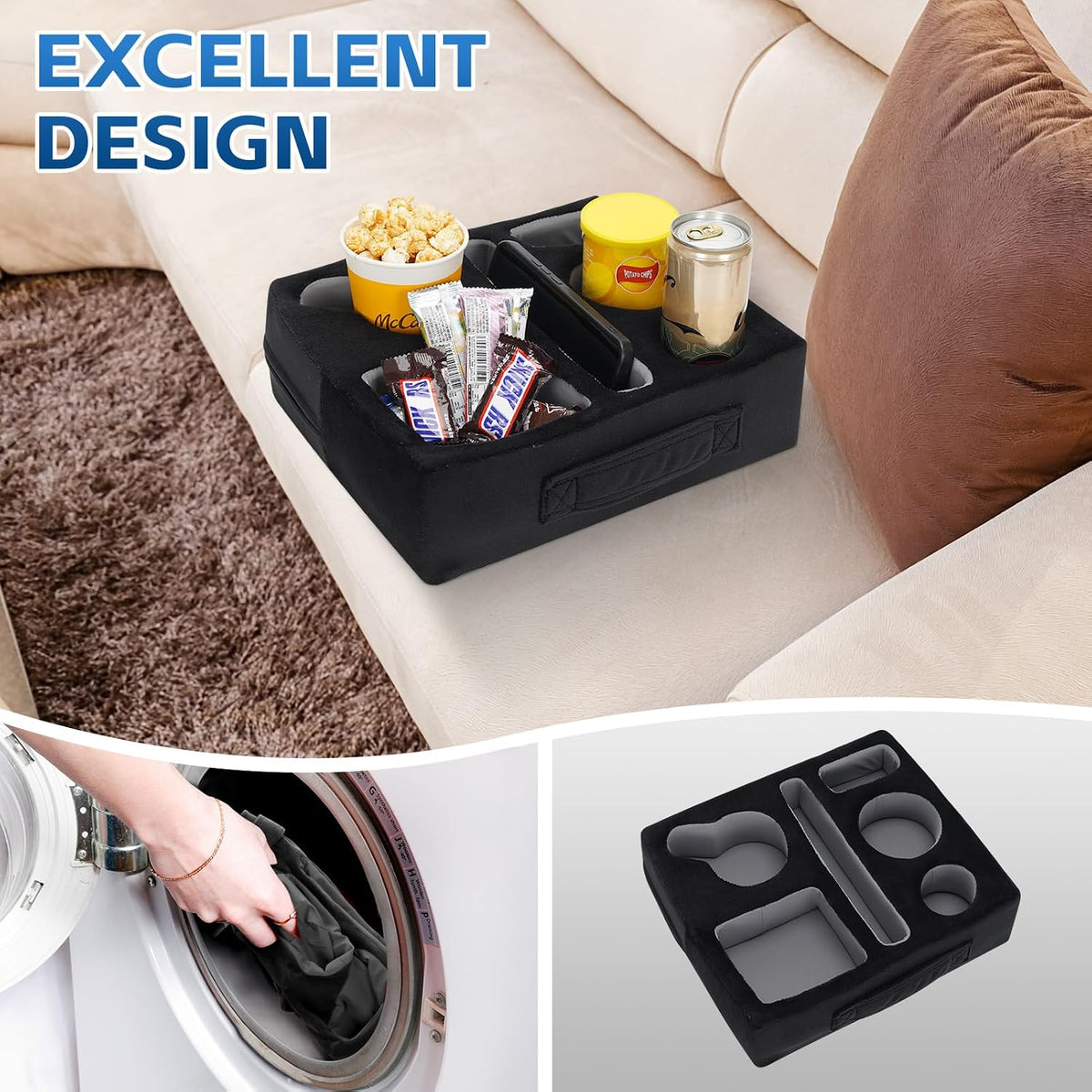 G GOOD GAIN Couch Cup Holder Pillow-Sofa Cup Holder Cozy Buddy | Bed Drink Caddy Holds Tablet, Remote, Snacks | Waterproof Anti-Spill Sofa Beverage Tray for Car, Park, Beach, Picnic, Boat, RV(Black)