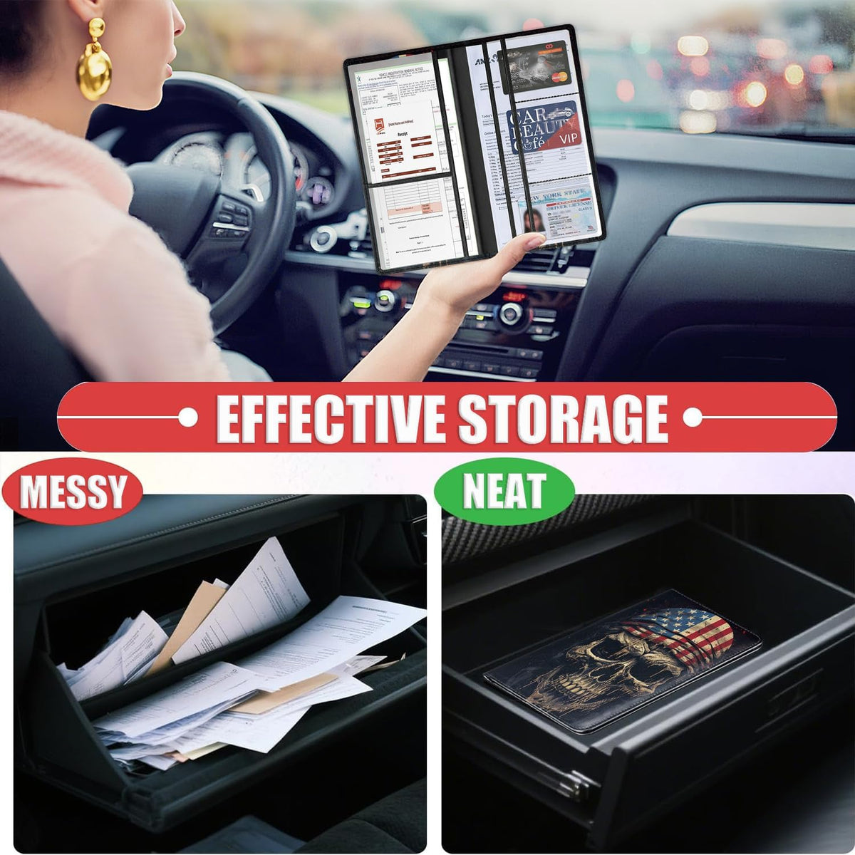 Car Document Holder with Magnetic Shut, Car Registration & Insurance Card Holder, Waterproof PU Leather Glove Box Organizer Vehicle Accessories Driver License for Women/Men, American Flag Skull
