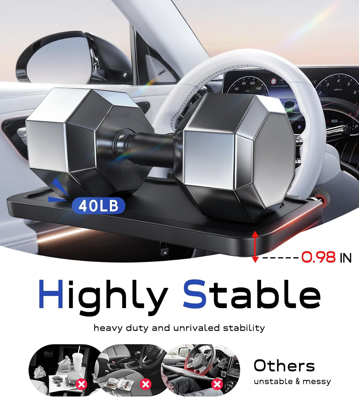 Car Steering Wheel Tray for Drivers Steering Wheel Tray for Dining, Mobile Office & Travel Food with Cup Holder, Scratch-Free EVA Hook Covers, 2-in-1 Desk Table for Car - Black