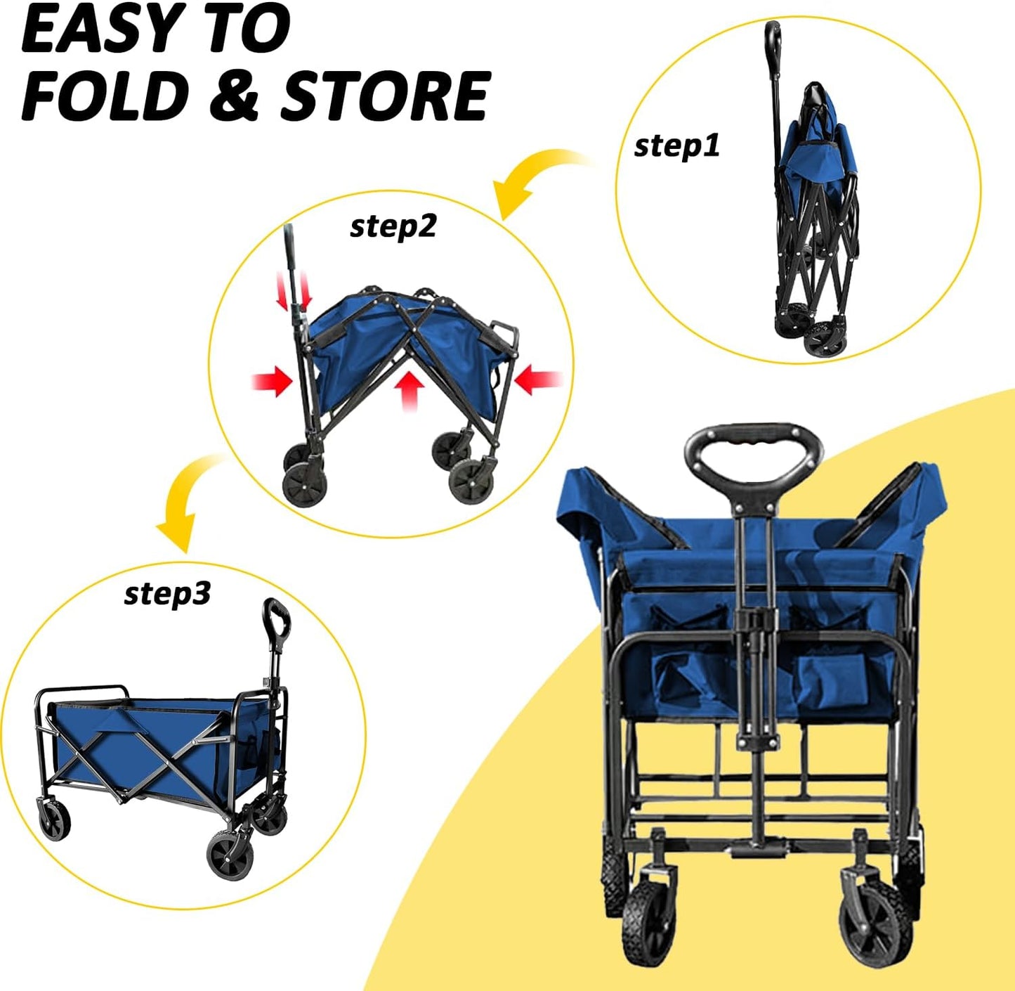 Heavy Duty Folding Wagon 320lbs Capacity, Reinforced Steel Frame Utility Cart with All-Terrain Quiet Wheels, Collapsible Outdoor Wagon for Camping, Gardening & Sports, Blue