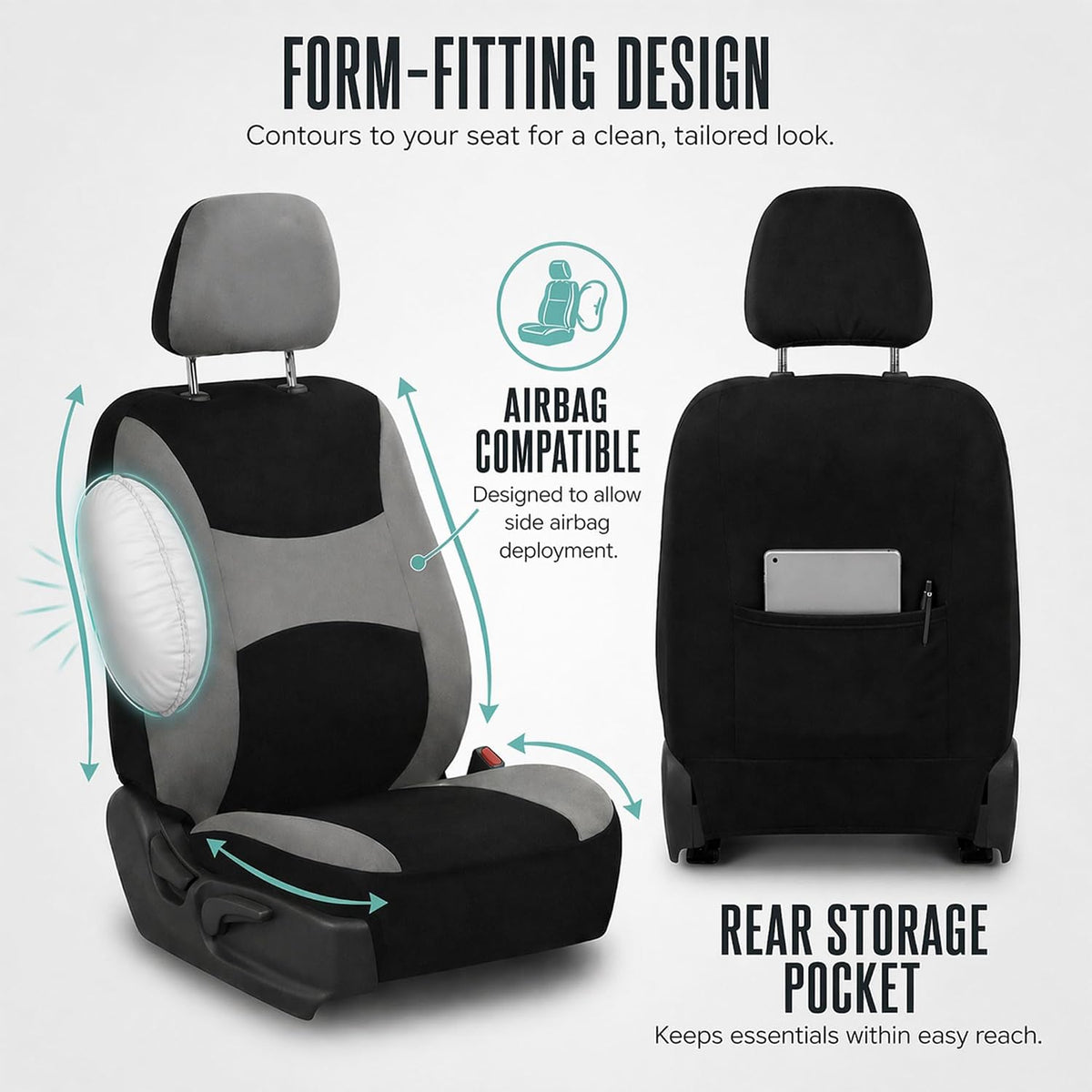 FH Group Universal Fit Gray Black Automotive Seat Covers Combo Set with Steering Wheel Cover and Seat Belt Pad fits Most Cars, SUVs, and Trucks (Airbag Compatible and Split Bench)