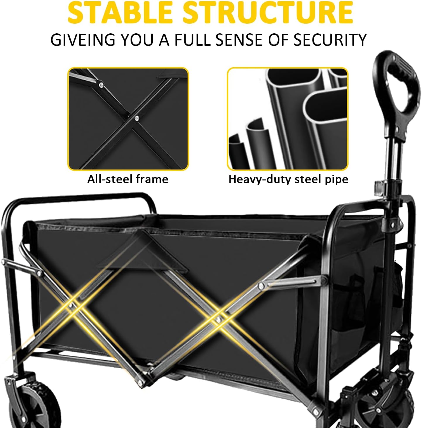Heavy Duty Folding Wagon 320lbs Capacity, Reinforced Steel Frame Utility Cart with All-Terrain Quiet Wheels, Collapsible Outdoor Wagon for Camping, Gardening & Sports, Black