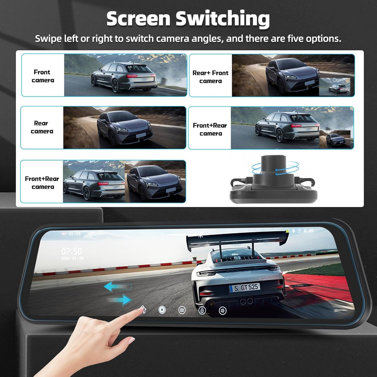 9.66" Mirror Dash Cam Night Vision,1080P Full HD Front and Rear View Mirror Camera for Cars,Dual Lens Cam with Loop Recording Streaming Media Motion Detection Parking Monitor Free 64 GB TF Card