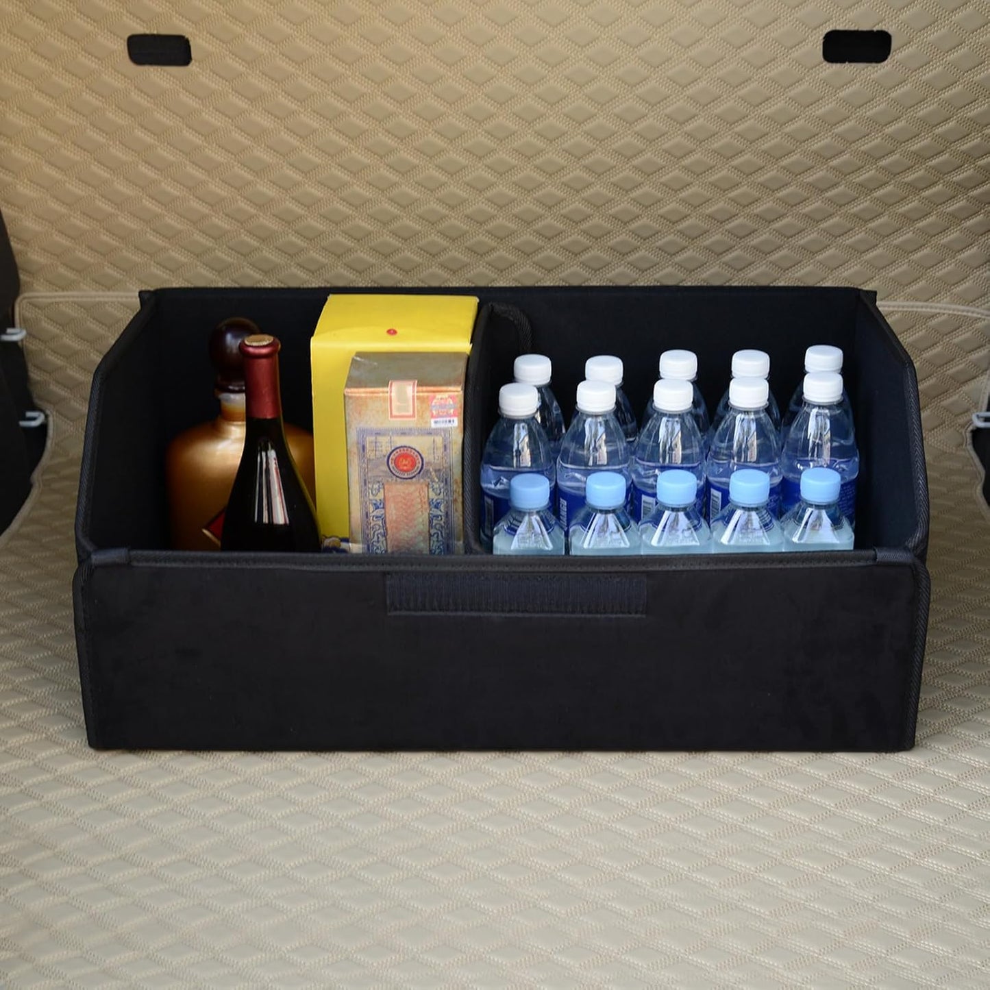 car organizers and storage for SUV,trunk organizer for sedan, leather foldable sleek box with lid,collapsible cargo bins, tool accessories containers,Collapsible Suede velvet (22 inch Covered)