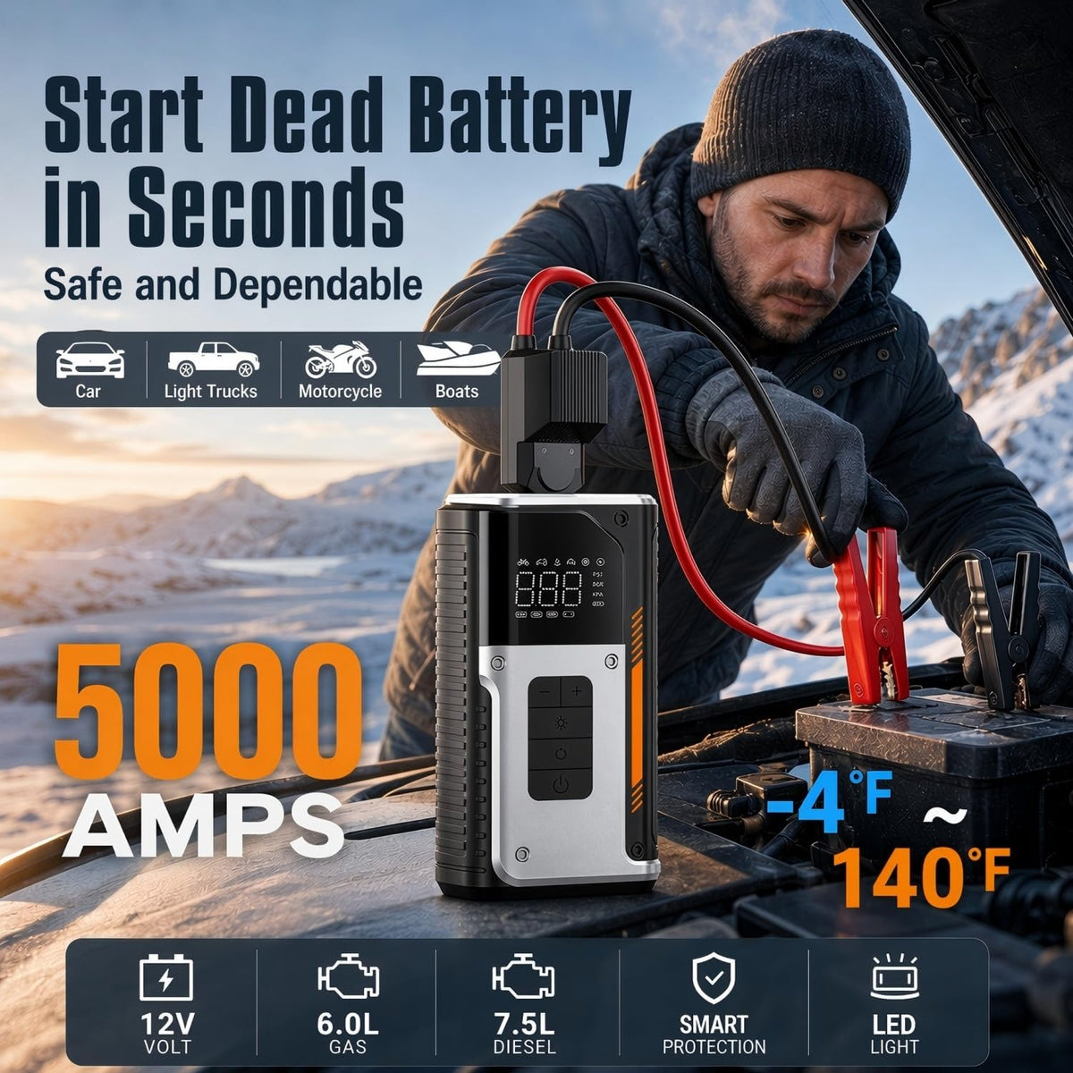 [2026NEW] 5000A Peak Portable Car Jump Starter with 150PSI Air Compressor
