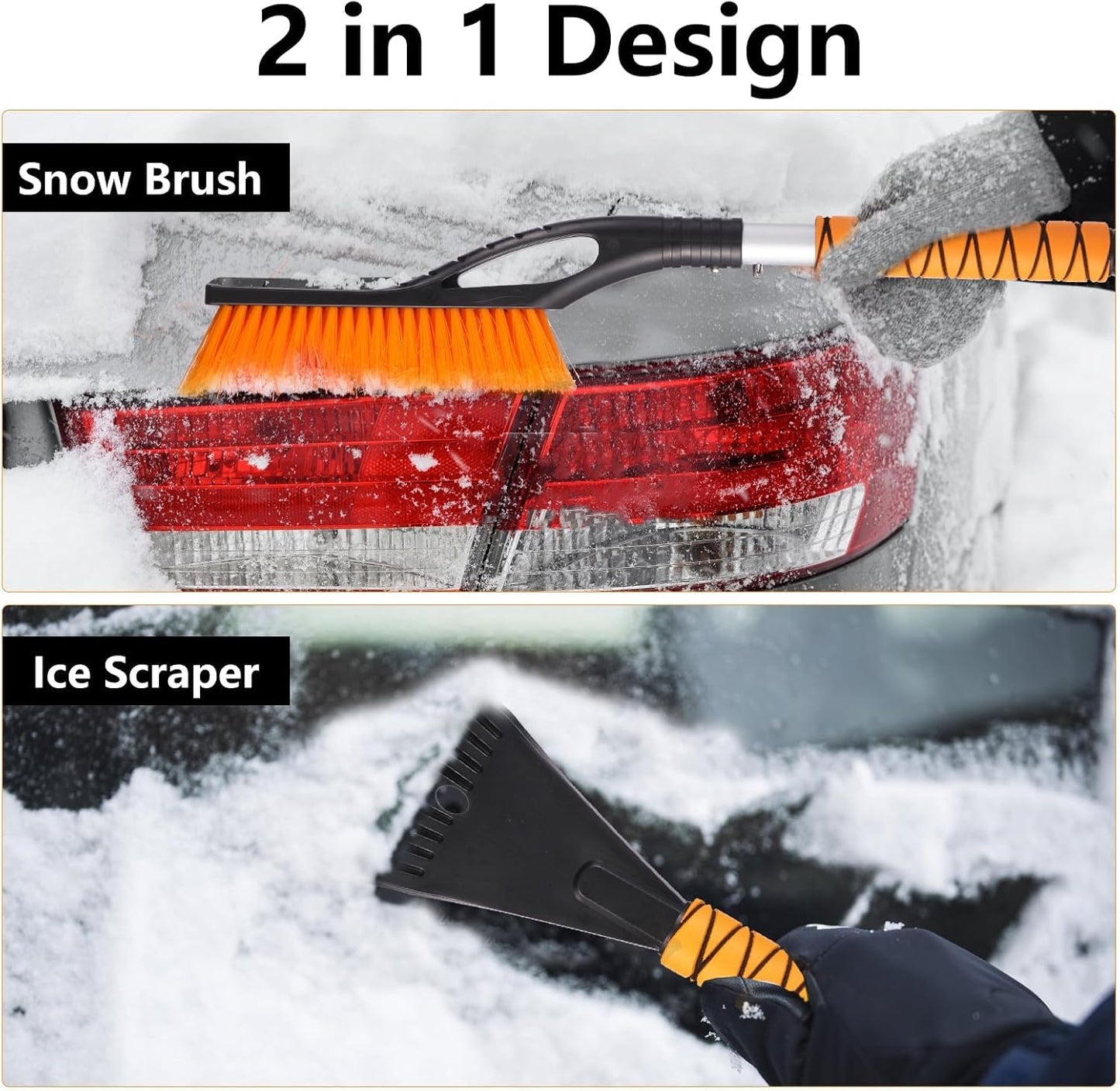 2 Pack Ice Scrapers with Snow Brush, 27 Inch Snow Remover for Car Windshield and Door, Detachable Ice Shovel Tool with Ergonomic Foam Grip, Winter Accessories for Car