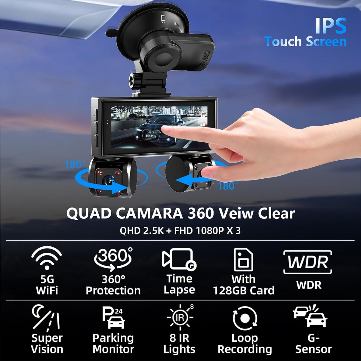 4 Channel Dash Cam Front and Rear Inside Left Right Car Dash Camera 360 View, 2.5K QHD Car Camera Supper Night Vision, 5G WiFi 3.16” IPS Touch Screen, G-Sensor,24H Parking Mode Free128G Card 256G Max