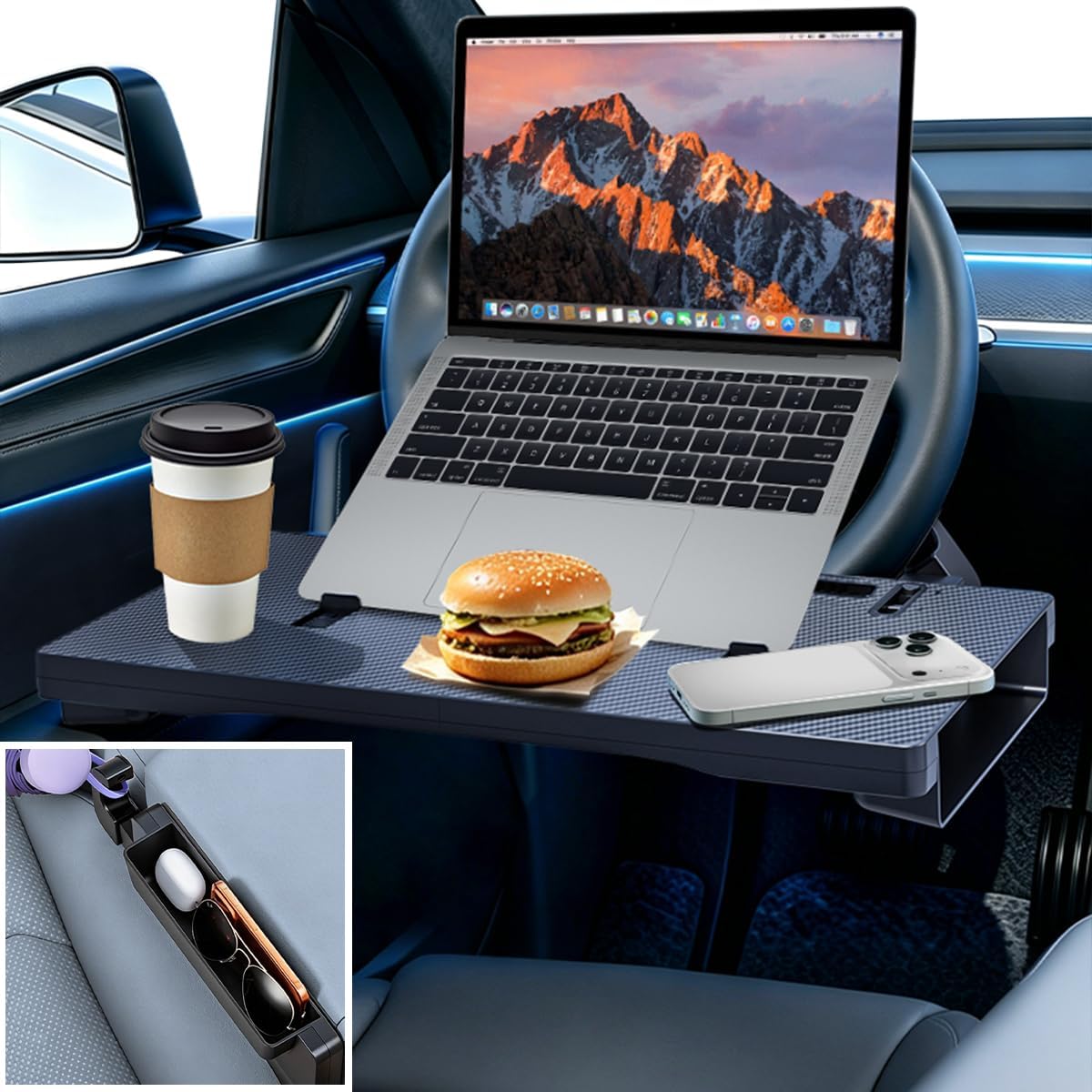 2 in 1 Large Car Steering Wheel Tray Table, Car Seat Gap Filler Organizer