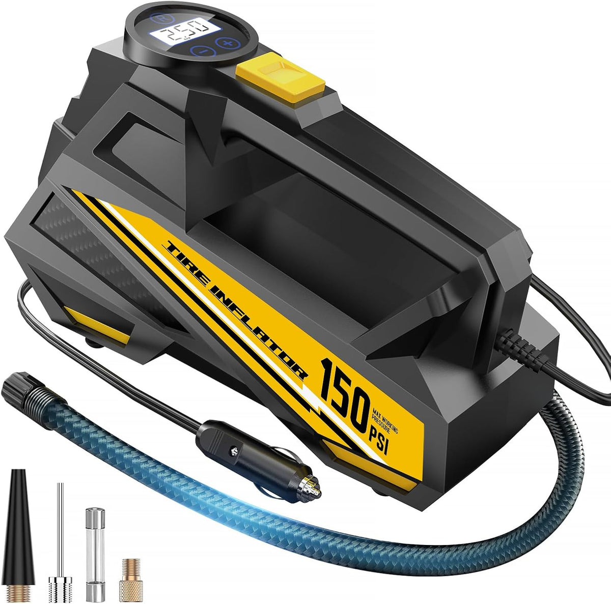FLYKID Tire Inflator Portable Air Compressor- 12V DC Air Pump for Car Tires with 150PSI LCD Digital Gauge & Emergency LED Light,Auto Tire Pump for Cars,Motorcycles,Bikes,Balls (Yellow, Large)