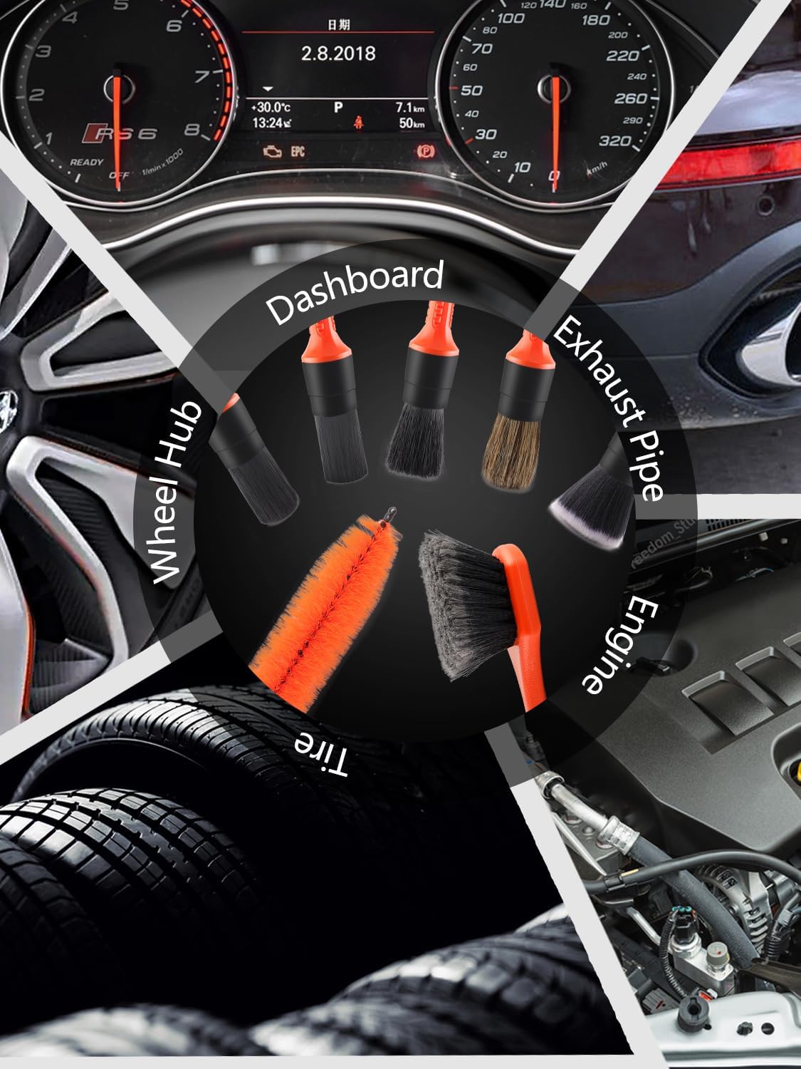 SPTA 8Pcs Wheel & Tire Brush Car Detailing kit, Easy Reach Wheel and Rim Brush, 5pcs Detailing Brushes, Short Handle Cleaning Brush, 1pc Microfiber Cleaning Cloth, Great to Clean Dirty Tires