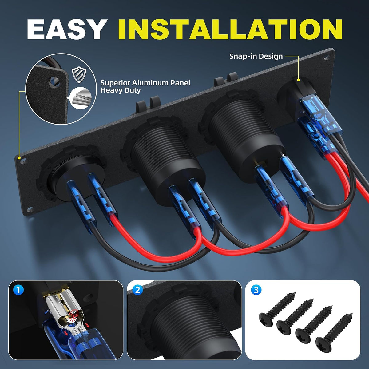 RVMARINEPAT 4 in 1 12V USB Panel with LED Voltmete & Dual USB Charger Socket Power & Cigarette Lighter Socket & Red LED Lighted Toggle Switch Panel for Boat Car RV Golf Cart ATV
