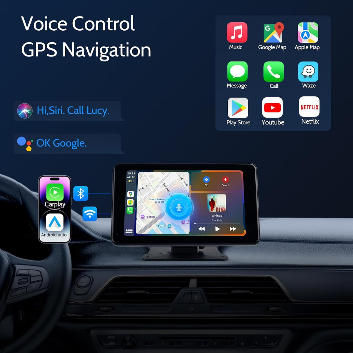 Haudio Portable Wireless Carplay Car Stereo, 7 inch HD Touchscreen for All Vehicles,with Apple CarPlay & Android Auto with Backup Camera/Mirror Link/Voice Control/Bluetooth/GPS/AUX/FM Satellite Radio
