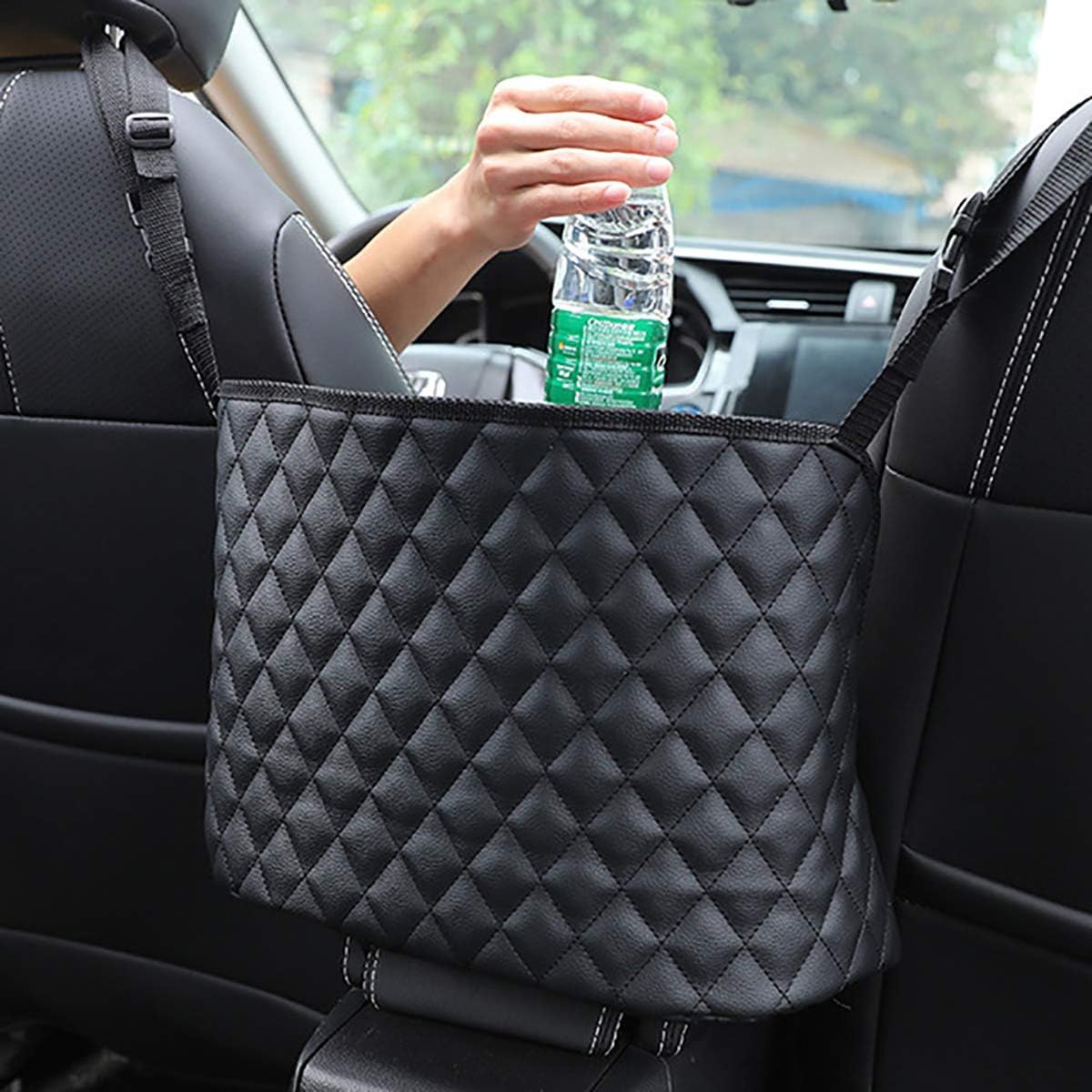 Modern Minimalist Car Seat Storage Bag - Black Faux Leather Caddy - Automotive Seat Back Organizer - 2 Compartments - Rectangular - Durable - Seat-back mounted - 15.35 x 3.94 x 10.63 inches