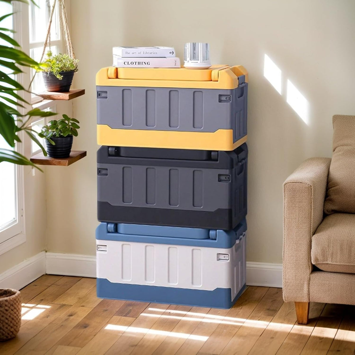 Versatile Foldable Seatable Car Organizer Box Heavy Duty Storage Bins With Lids Trunk,Durable Plastic,60L Can Store Clothes, Camping Equipment in Large Capacity (yellow)