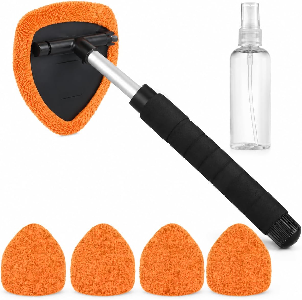 Tanwater Car Window Cleaner with Extendable Handle, Microfiber Windshield Cleaning Tool with 5 Reusable Pads and Spray Bottle for Interior Glass, Mirrors and Windows, Orange
