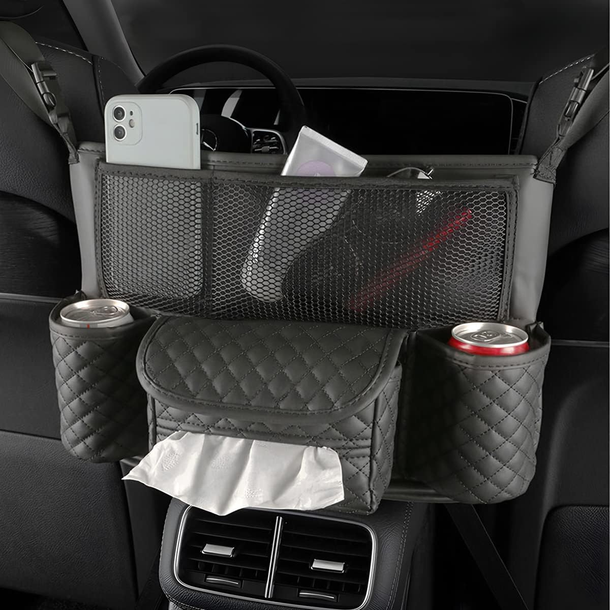 XINLIYA Car Handbag Holder Between Seats, PU Leather Multi-Pocket Large Capacity Purse Holder, Auto Net Bag Barrier of Backseat Pet Kids, Car Seat Organizers and Storage for Cargo Tissue Cup（Black）