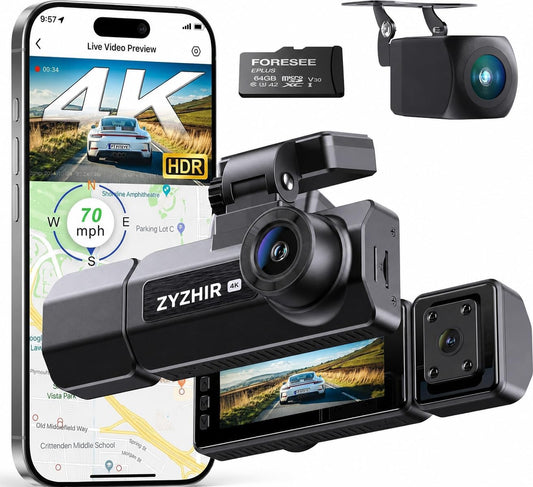 4K+4K+1080P 3 Channel Dash Cam, Free 128GB Card, HD Night Vision