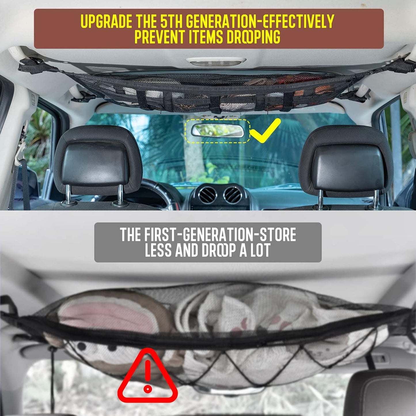 Car Ceiling Cargo Net Pocket Storage Net,29.5"x19.7" Adjustable D-Buckle to Reduce Sagging Roof Storage Organizer,Double-Layer Mesh SUV for SUVs,Road Trips,Car Camping Essentials