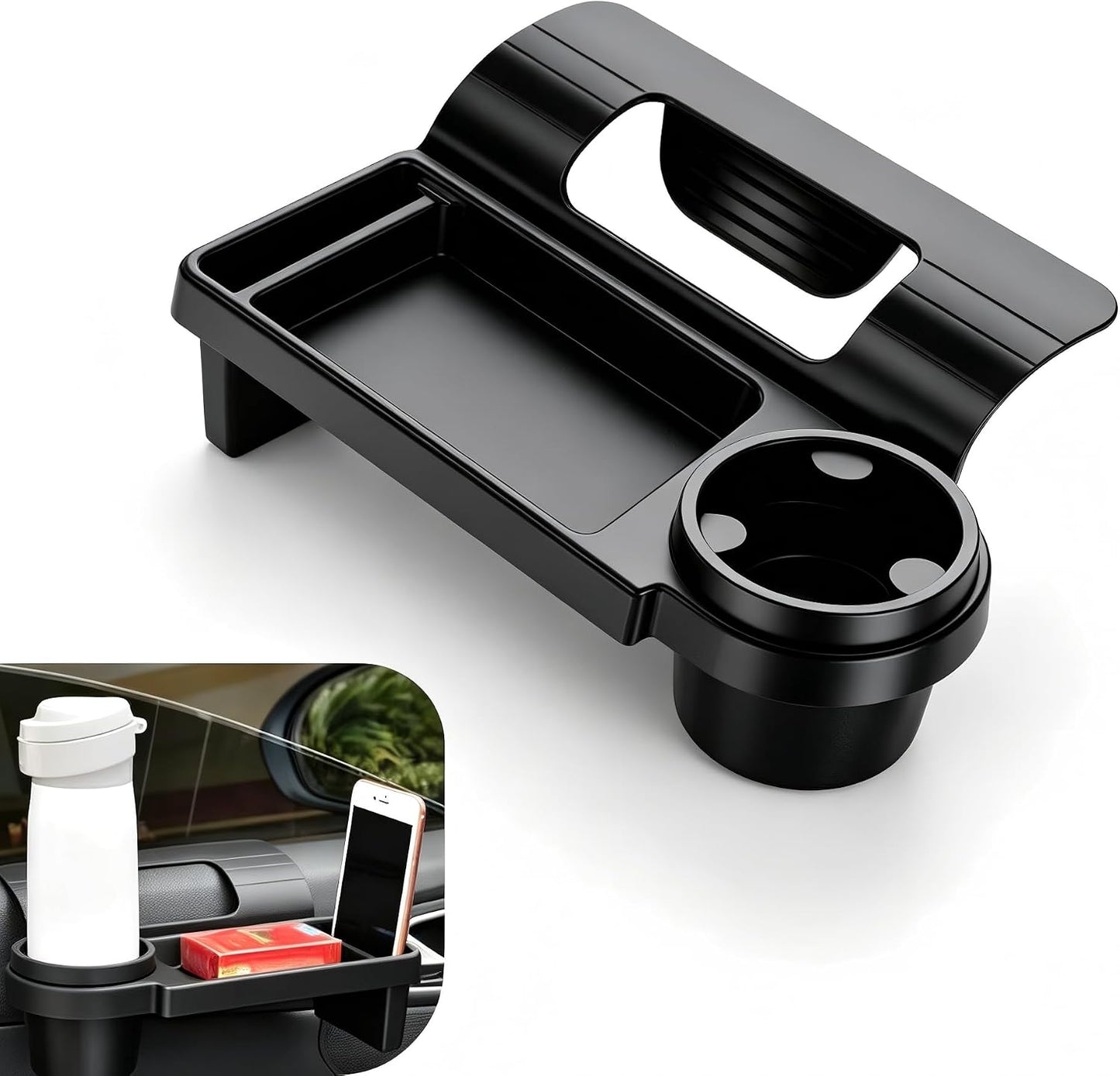 Car Cup Holder, Car Window Multifunctional Organizer, Vehicle Door Side Hanging Rack, Cell Phone Storage Box, Plug & Play Vehicle Storage with Sponge Pads, for Most Cars (Black #B)