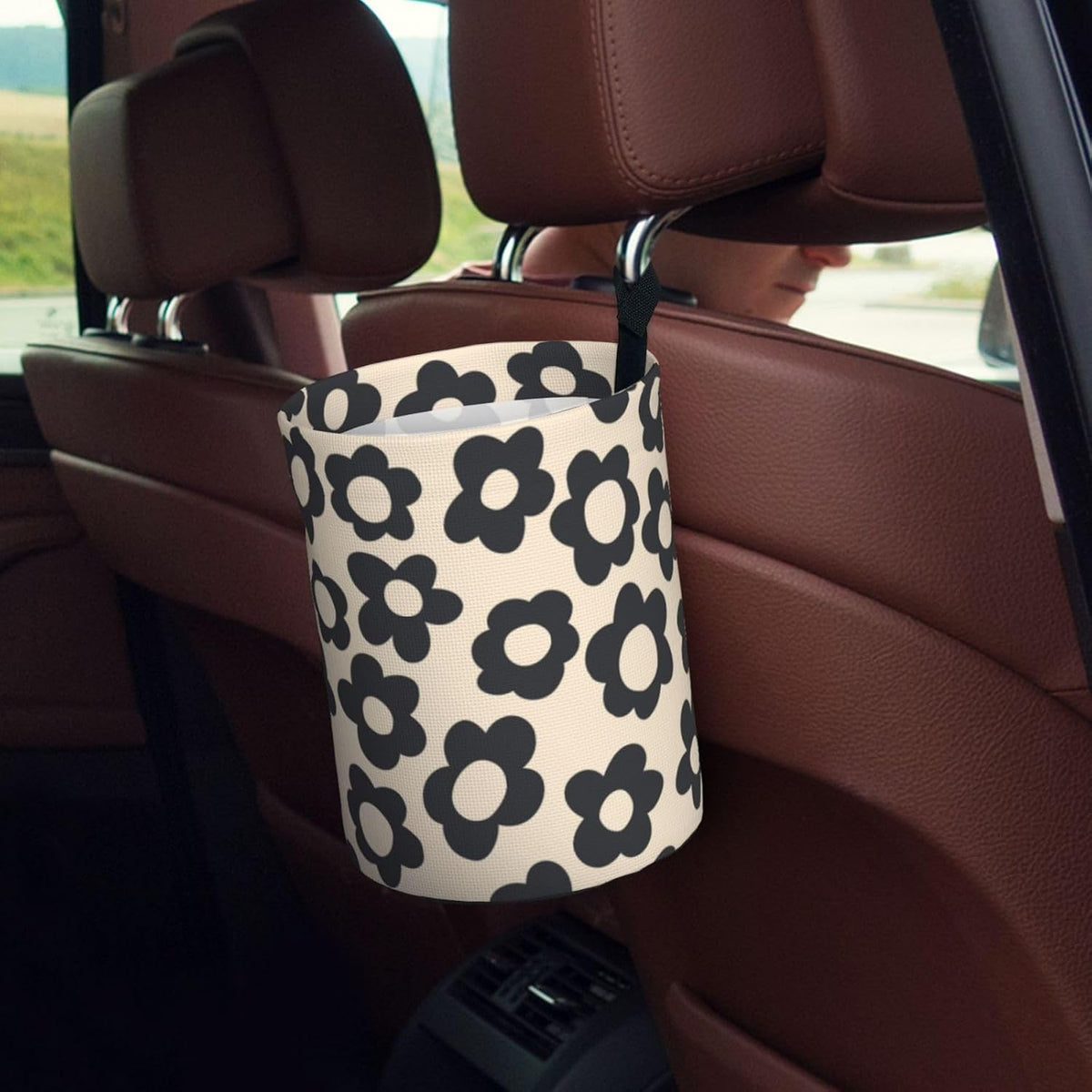 Vintage Groovy Flowers Car Trash Can Small Portable Car Garbage Bag for Back Front Seat RV's Camping Accessories