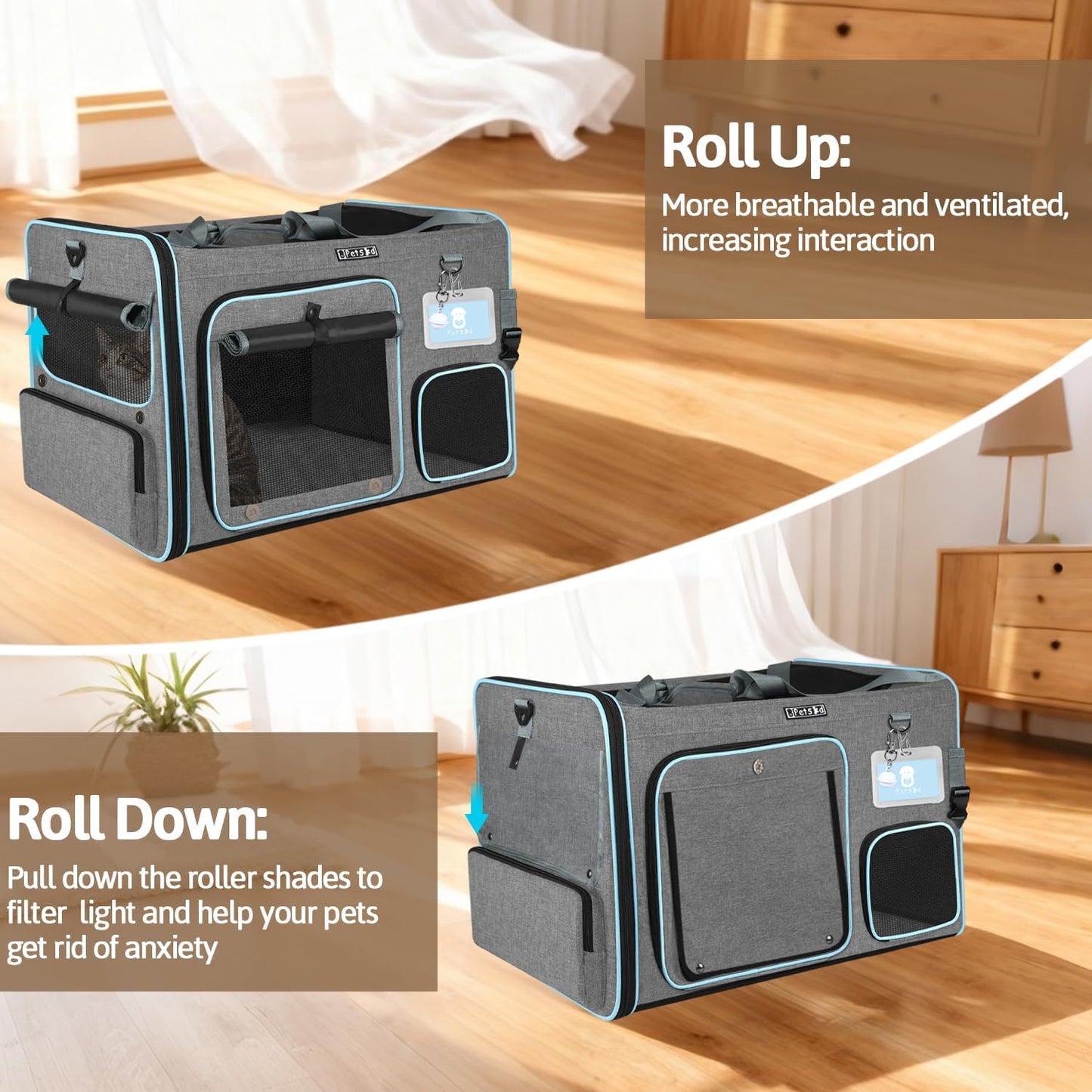 Petskd Side Expandable Extra Large Cat Car Carrier with Collapsible Litter Box for Long Distance Travel,24"x17"x17" Portable Soft Sided Pet Carrier with Roller Shades for 2 Cats Up to 55LBS(Grey)